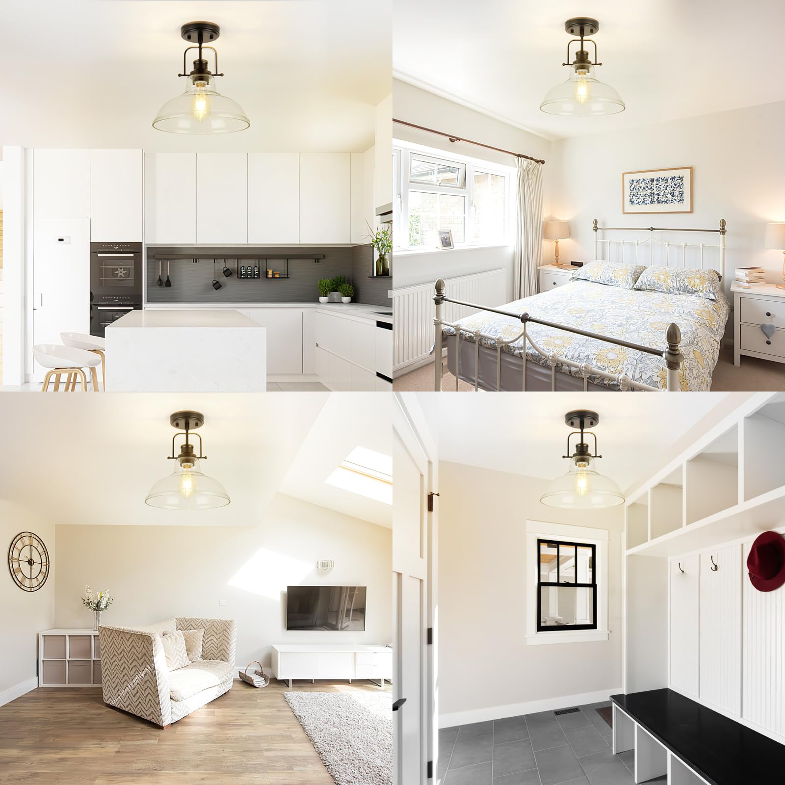 Wilon Semi Flush Mount Ceiling Light Fixture, Black Farmhouse Light Fixtures With Clear Glass Shade, Modern Vintage Ceiling Lamp