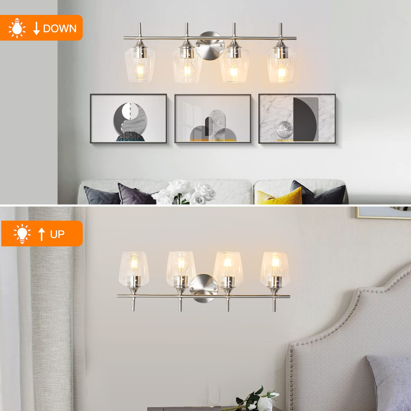 foucasal Bathroom Light Fixtures 4-Light Brushed Nickel Vanity Light with Clear Glass Shade Model ULB0046H-4SHANIE