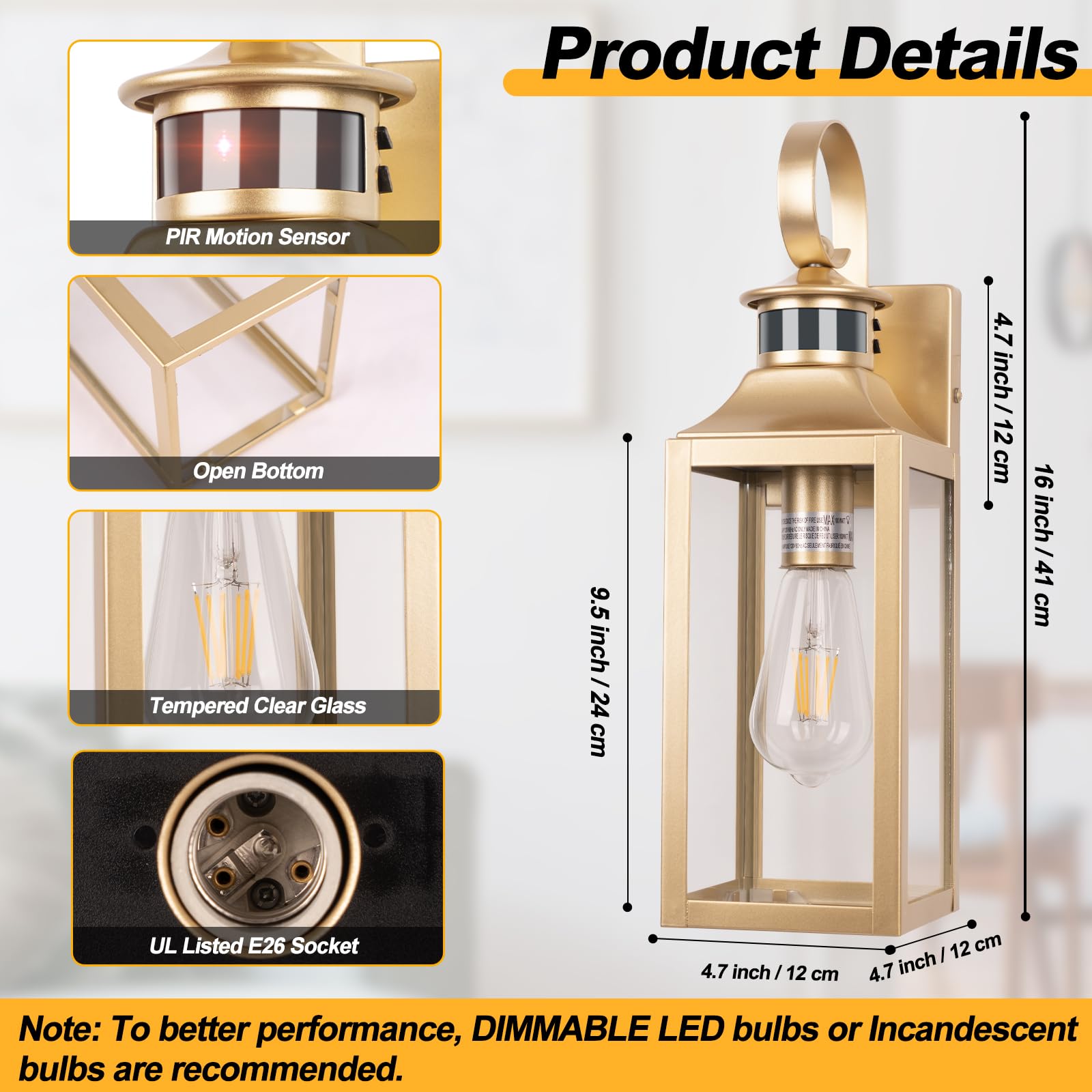 Yolsunes Motion Sensor Outdoor Wall Lights 2 Pack - Gold Dusk To Dawn Light Fixtures Wall Mount, Modern Exterior Wall Sconces, L