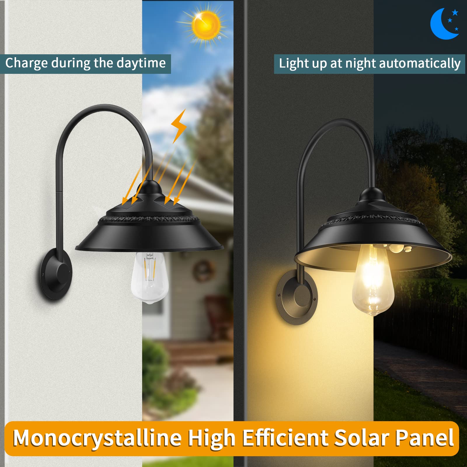 Aqonsie Solar Barn Light Outdoor, Waterproof, 3 Lighting Modes, Motion Sensor, Aluminum, Black, Model L-01