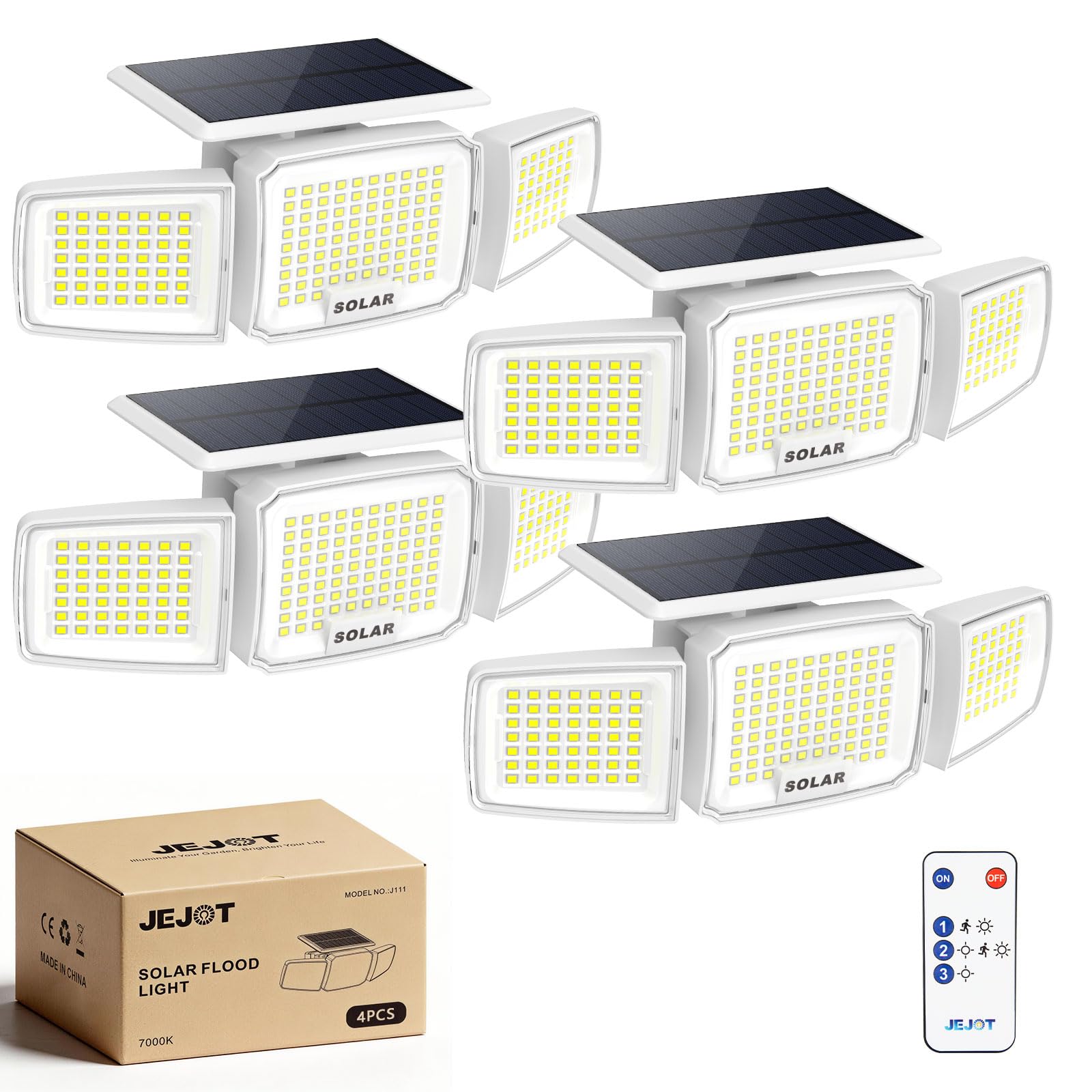 JEJOT White Solar Security Light Outdoor Super Bright LED  Motion Sensor Solar Flood Light  3 Heads 270 Wide Angle  Remote Control IP65 Waterproof  3 Modes (4 Packs)