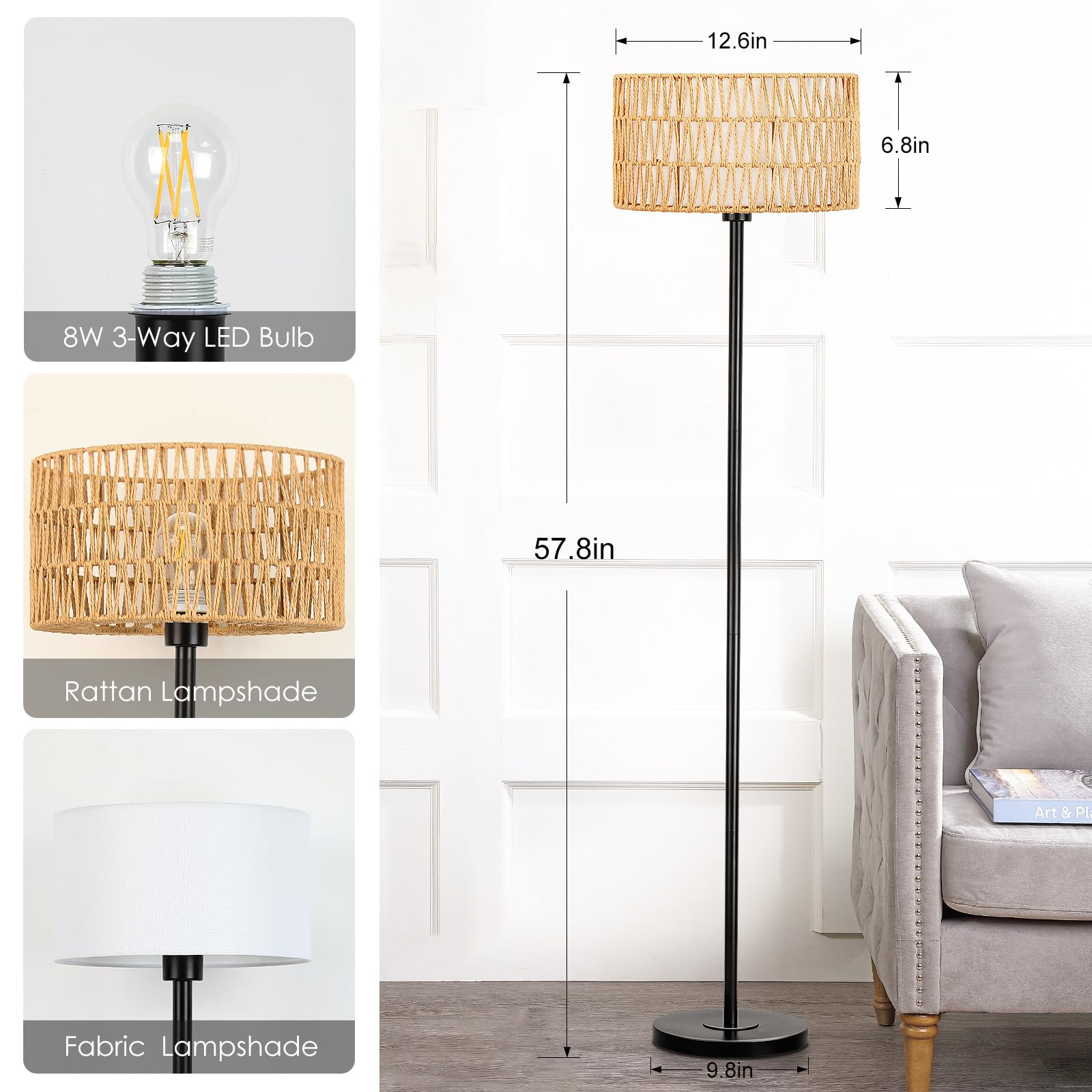 Qingmiao Rattan Floor Lamp - Black Metal, Led, Double Shades, Boho Rustic Design For Living Room