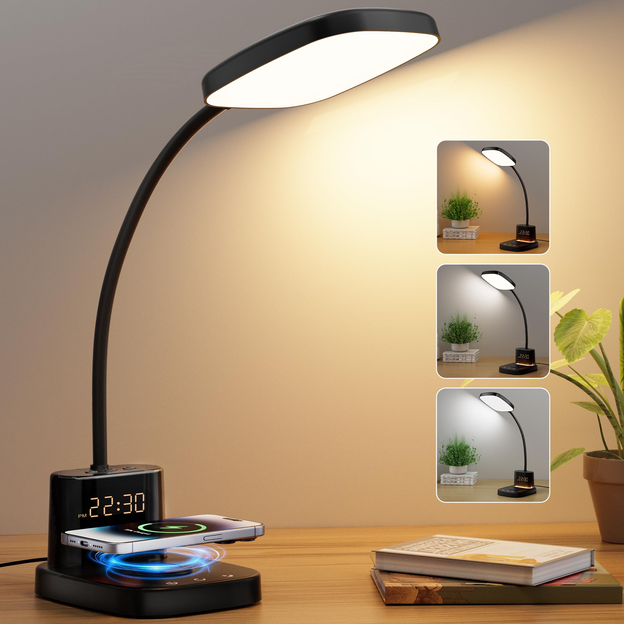 Sailstar Desk Lamp, Bedside Table Lamps with Wireless Charger and Clock, 30Mins Auto-Off Night Light Lamp, 3 Color Modes Dimmabl