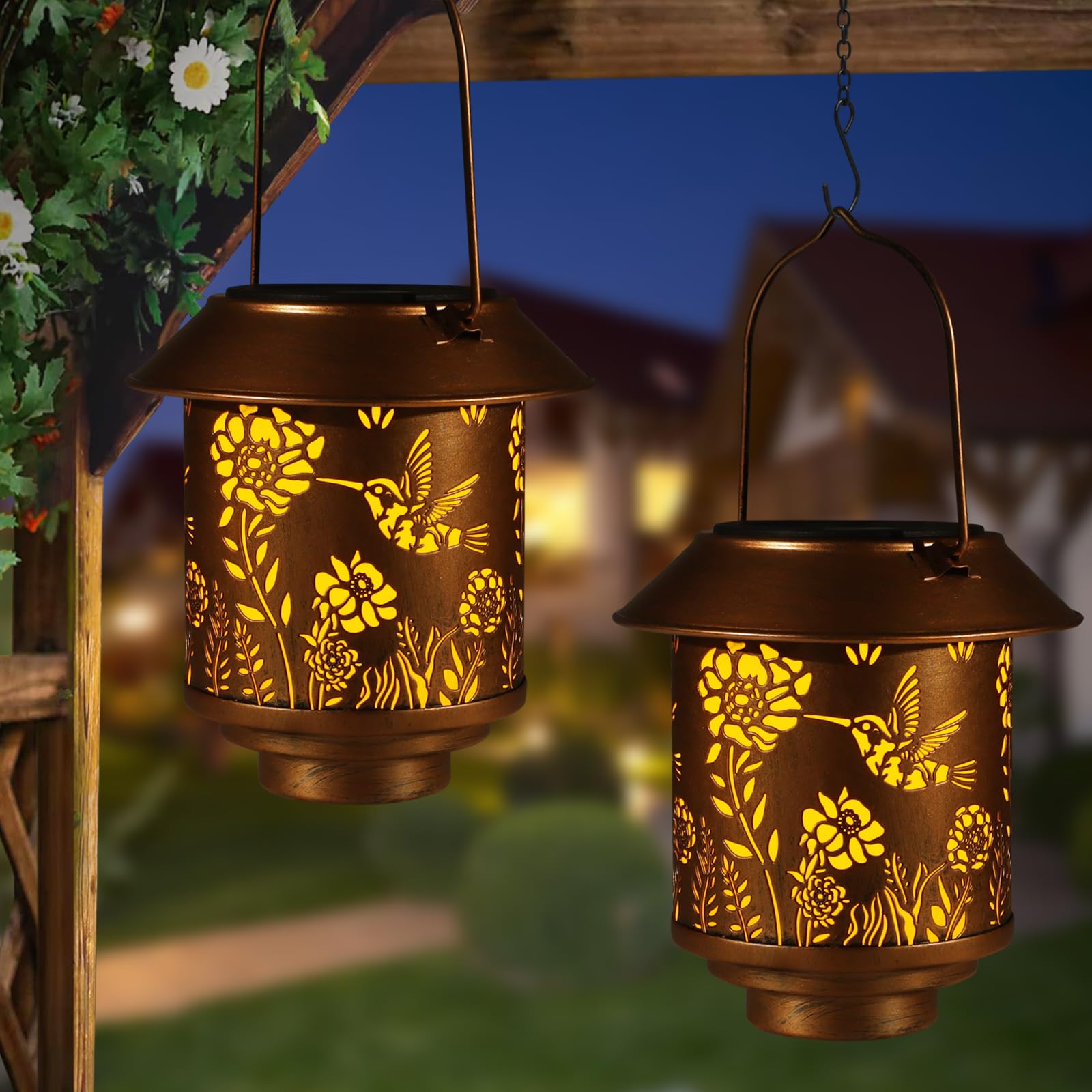 Solar Lantern Outdoor Hanging Lights Gifts For Women Mom Metal Garden Decor Outside Waterproof Led Lanterns For Patio(Hummingbird-2P)