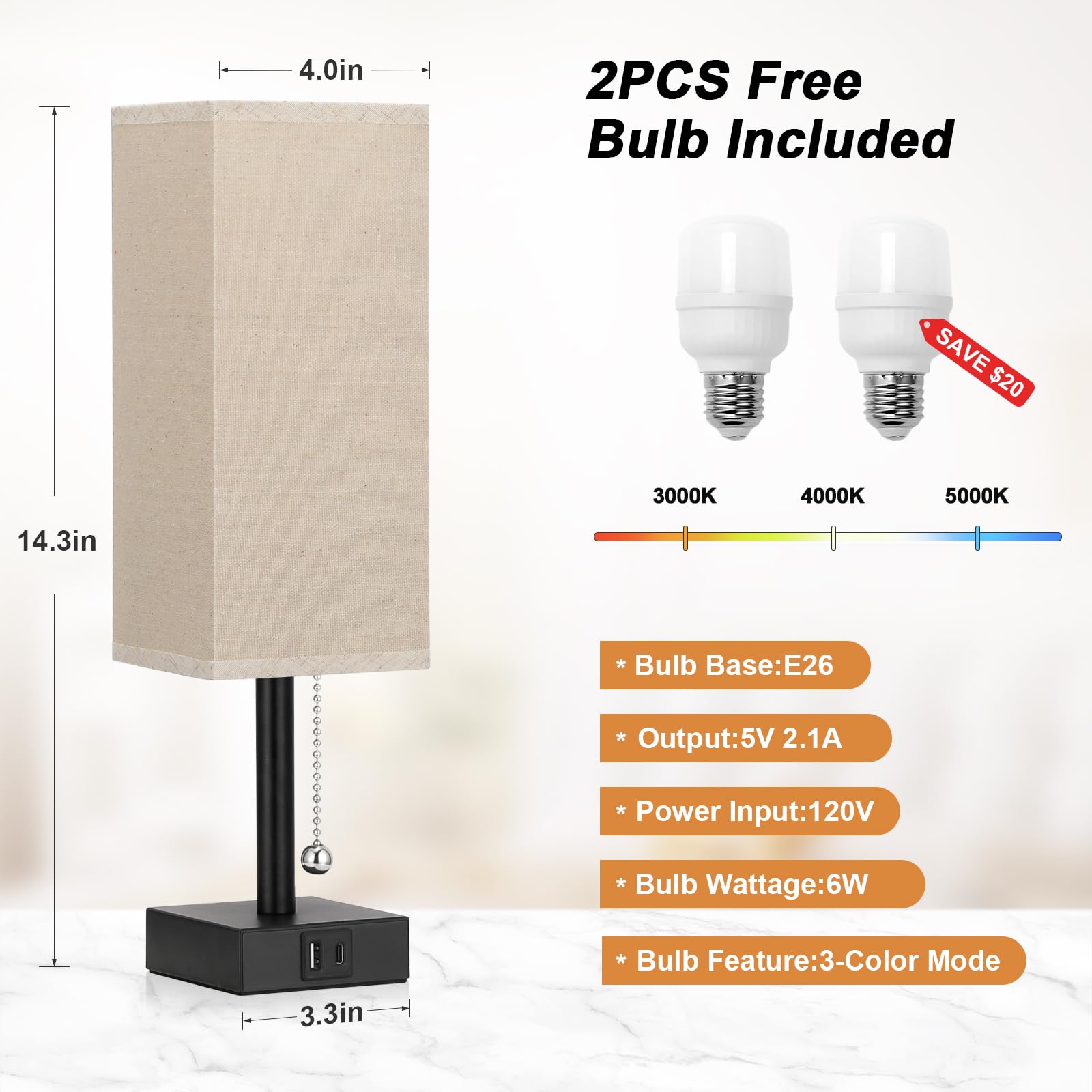 Beige Bedside Table Lamps Set Of 2 - Square Bedroom Lamps With 3 Color Temperatures (3000K/5000K/4000K), Nightstand Lamps With U