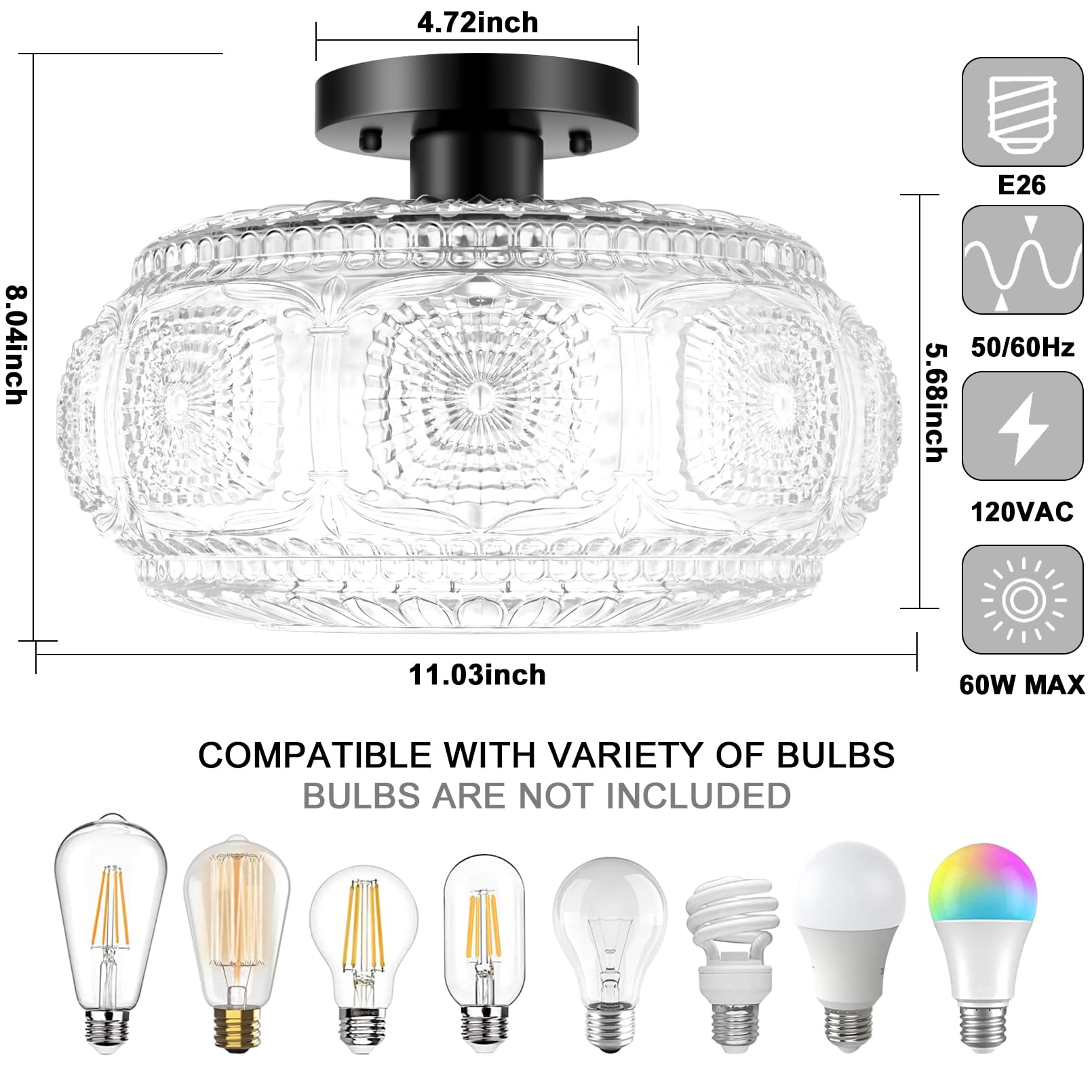 Oykyohei Semi Flush Mount Ceiling Light, Upgraded Larger Black Glass Ceiling Light Fixture, Vintage Lighting For Hallway Kitchen