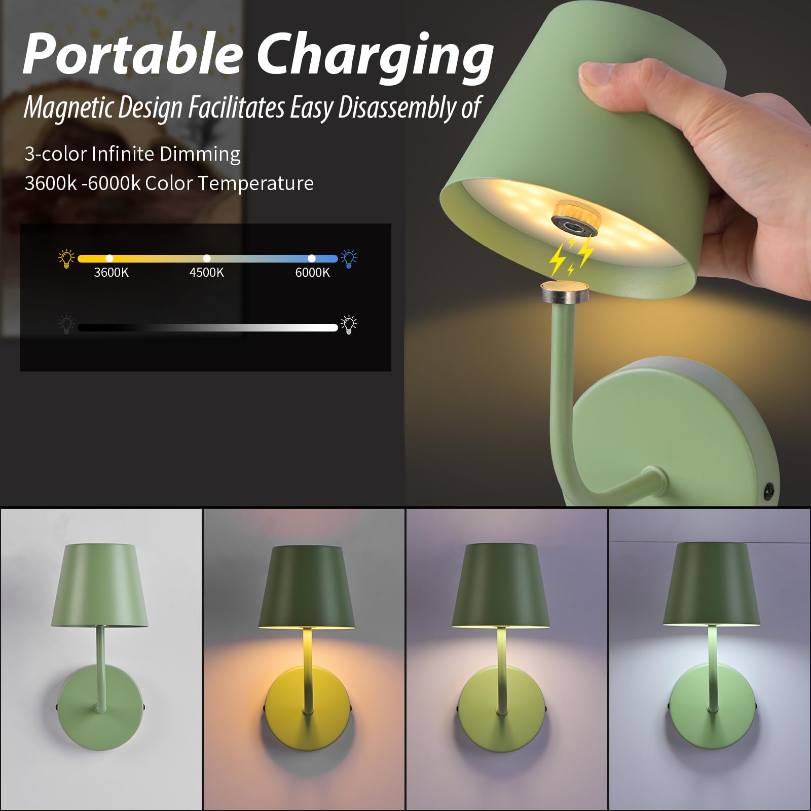 IMQSQIK LED Wall Lamp Set of 2, Rechargeable 5600mAh, Touch Control, Metal, Green-2Pack