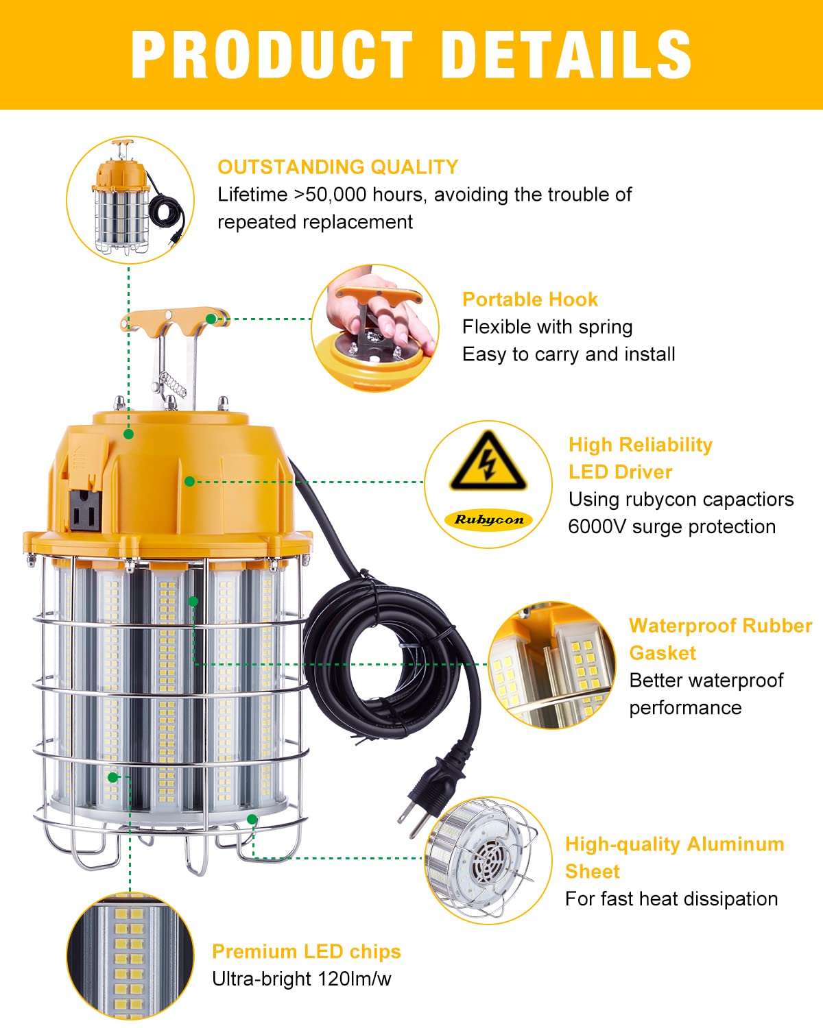 Jc-Lgl Led Temporary Work Light 100W Led Construction Lights 12,000Lm 5000K Daylight Stainless Steel Guard Portable Hanging Work Lighting Workshop Jobsite Light Outdoor