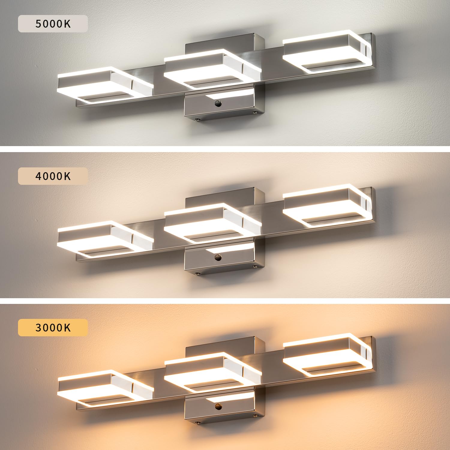 mirrea 20" LED Chrome Vanity Light Fixture, 3-Light, Adjustable CCT 3000K/4000K/5000K, Model 6013-3, Alloy Steel