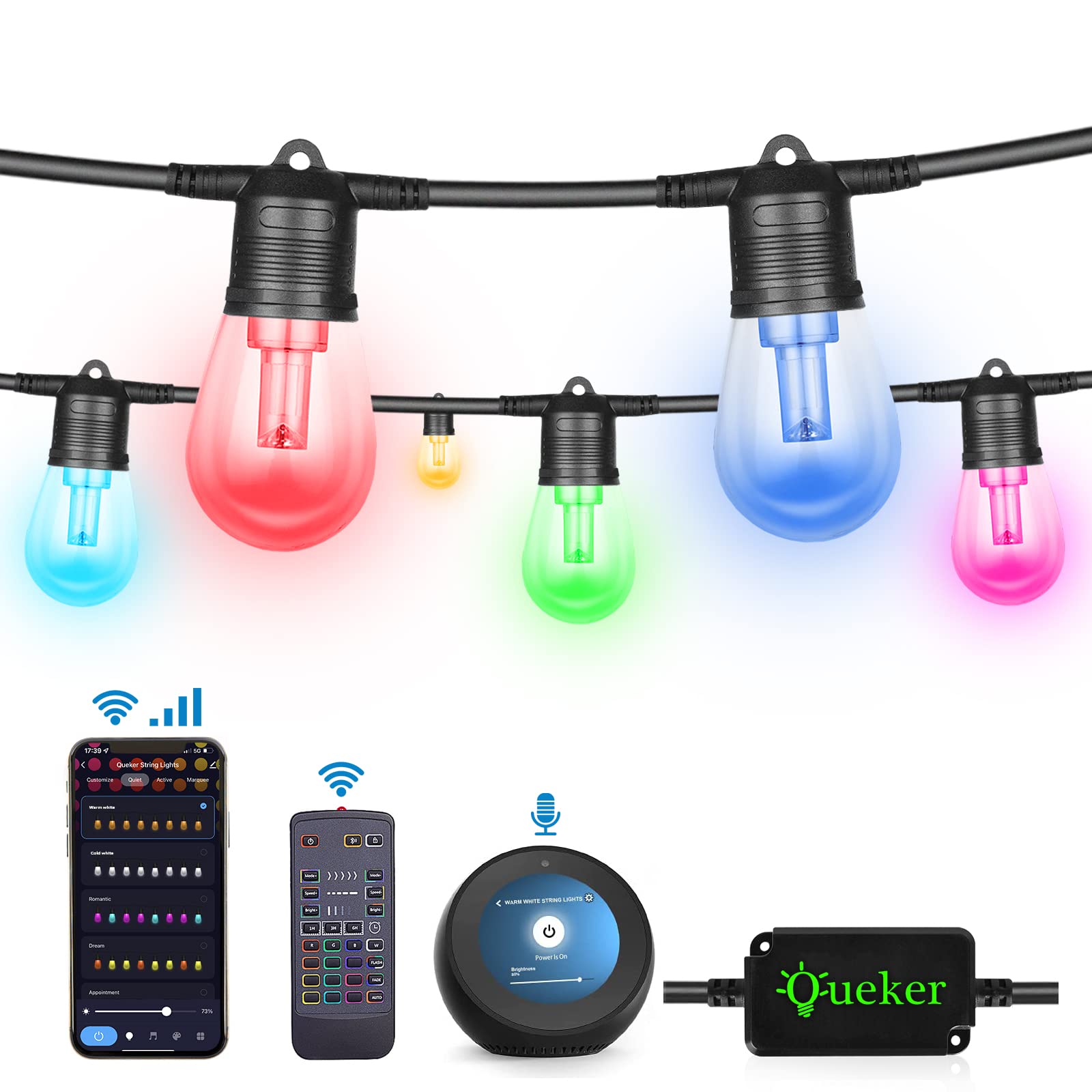 Upgrade 100Ft Outdoor String Lights,Smart Rgb Christmas Led Lights Work With Alexa, Waterproof Outside Patio String Lights With 30 Dimmable Led Bulbs,Color Changing Outdoor Lights With App & Remote