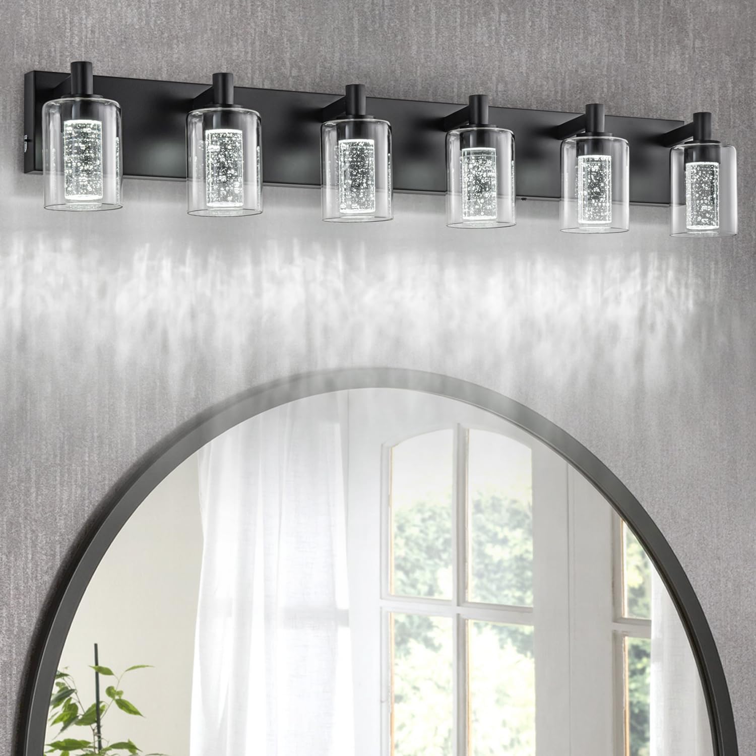SineRise Vanity Light Fixture, Dimmable Modern Wall Light, 3 Color Modes, 6-Light, Black, Metal, Model S0028