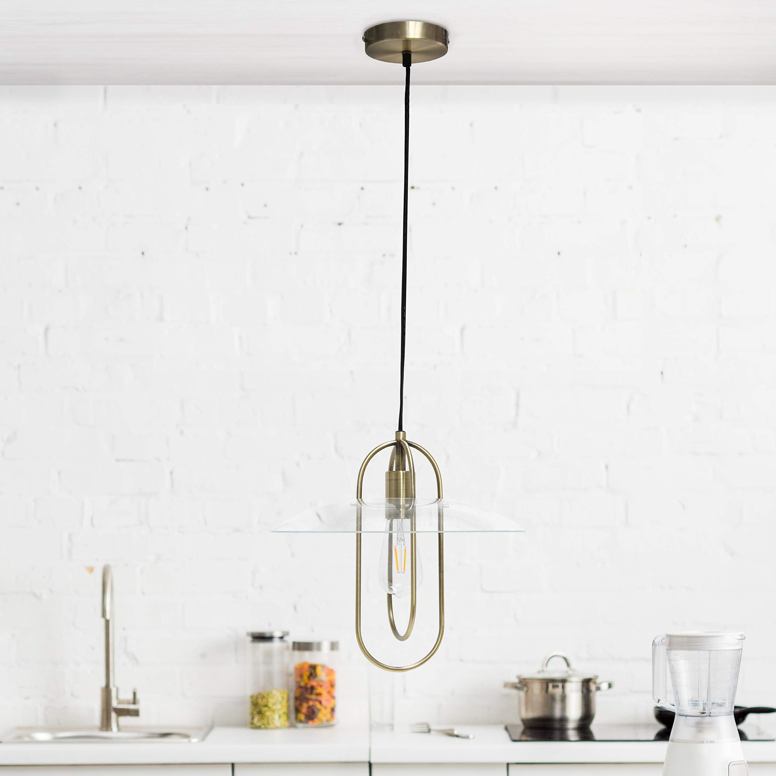Simple Designs PT1008-ABS Modern Metal Pendant Light, Iron, Antique Brass
