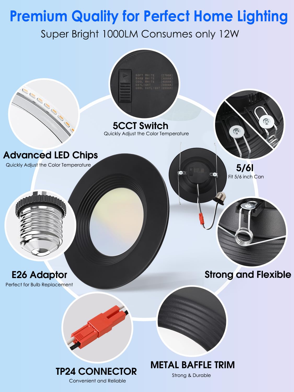 2 Pack 5/6 Inch 5Cct Black Led Recessed Lighting Retrofit  2700K/3000K/4000K/5000K/6500K Selectable  Dimmable Can Lights With Baffle Trim  12W=150W  High Brightness 1000Lm  Wet Rated  Etl Certified