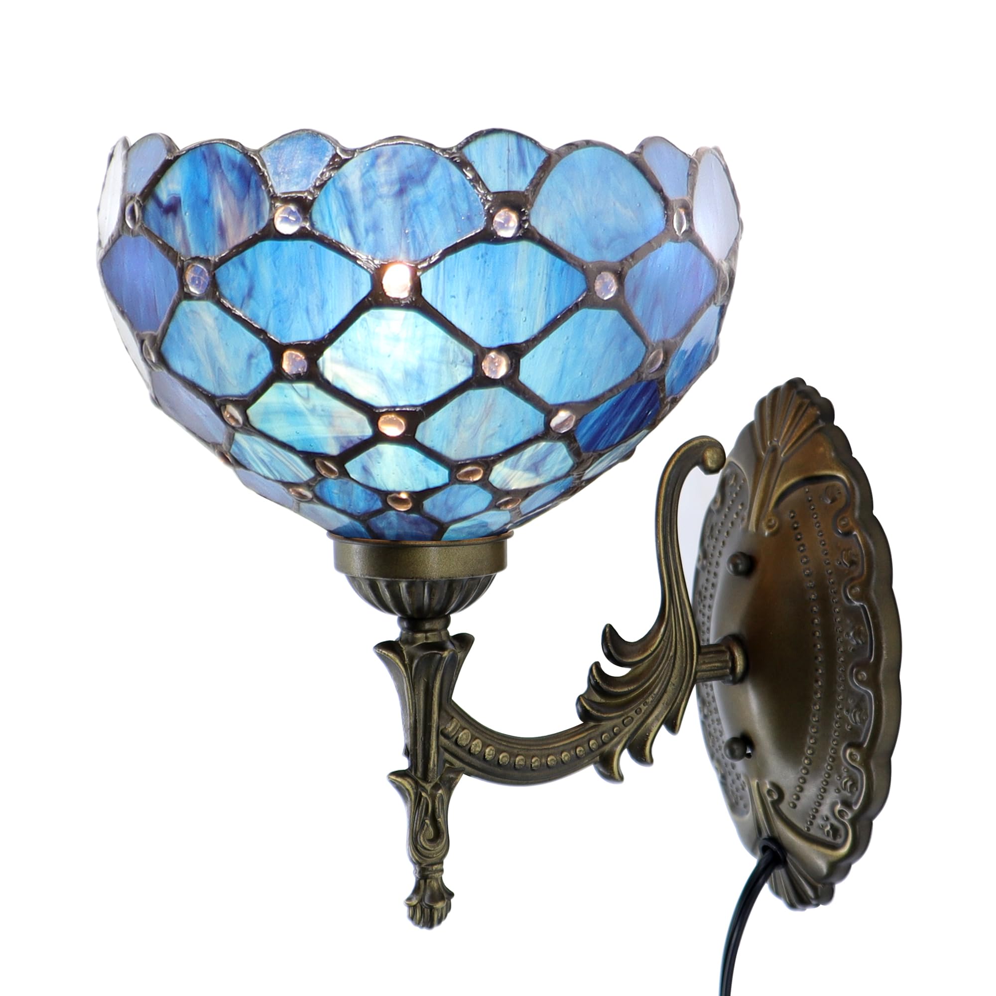 HWDFEI Tiffany Sconce Lamp Stained Glass Wall Lamp,8X10.5X11 Inch Plug in Wall Bedside Light for Hallway Bedroom (Blue Beads)