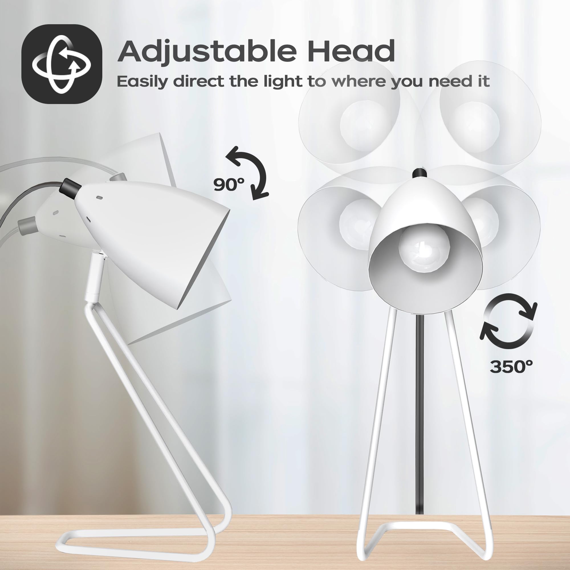 Partphoner Table Lamp Set Of 2, 350Rotatable Small Desk Lamp, Modern White Reading Bedside Lamps, Suitable For Study, Bedroom, O