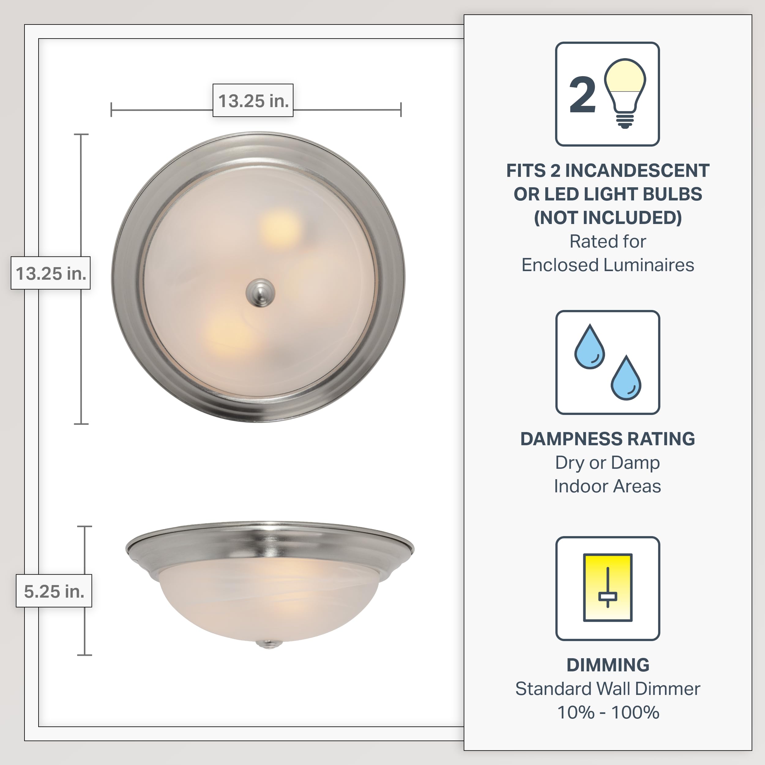 Designers Fountain 2-Light Flush Mount Ceiling Light, 13 Inch Lighting Fixture For Kitchen, Bedroom, Bathroom, And Hallway, Whit