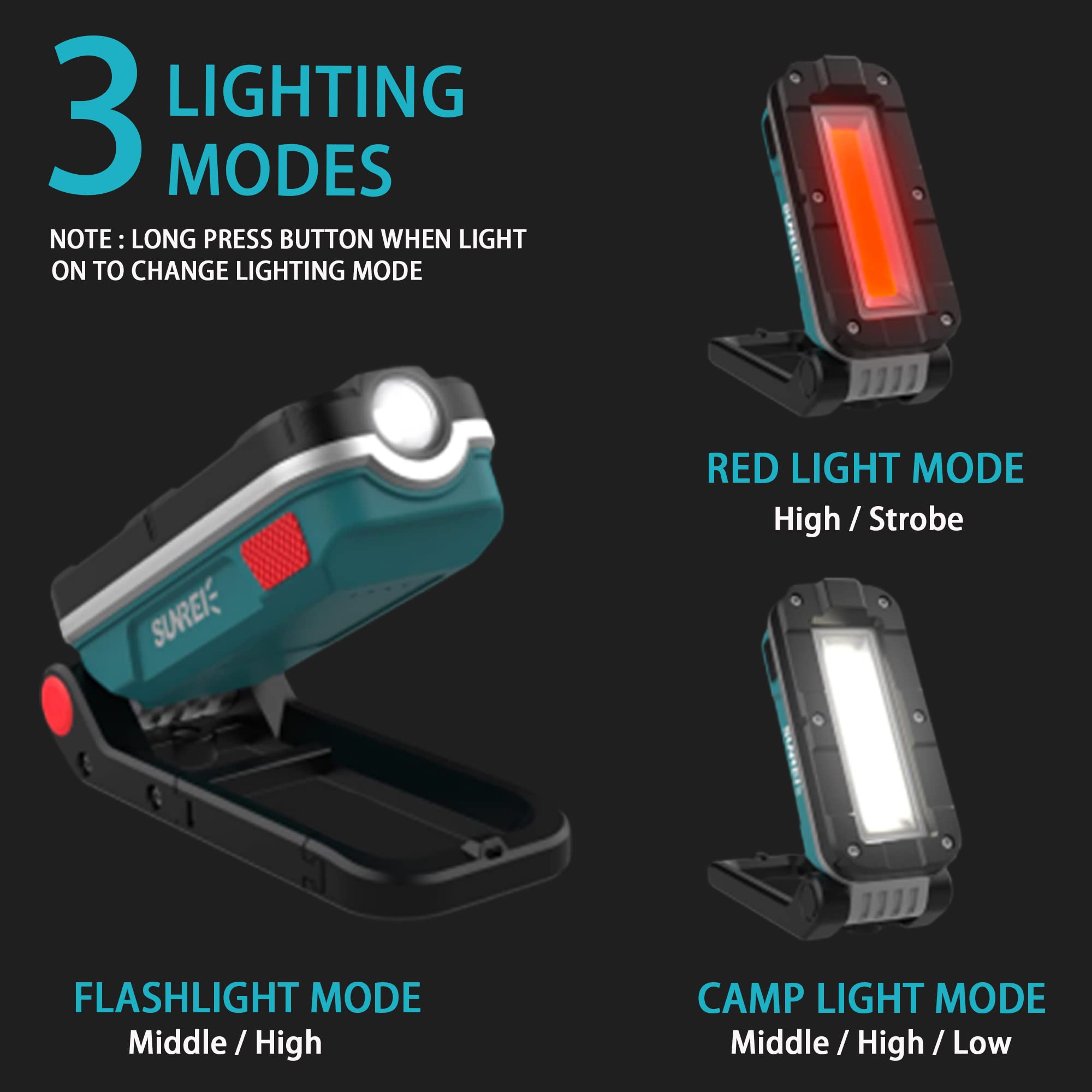 Sunrei Led Rechargeable Magnetic Work Lights Cob Mechanic Lights,1000 Lumens, Magnetic Base & Hanging, 7Mode, Magnetic Flashlight Job Site & Security For Car Repair, Emergency, Gift For Men