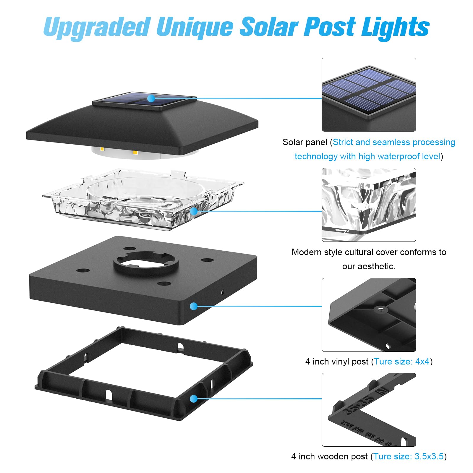 Volisun 4X4 Solar Post Cap Light 8Pack,Solar Fence - Post Lights Outdoor Waterproof For Wooden/Vinyl Post,Black Deck Post Cap Li