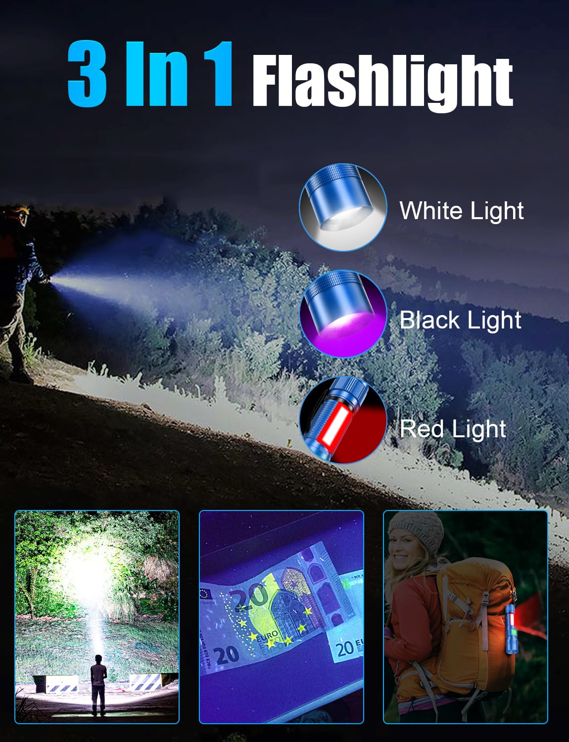 Vnina UV Rechargeable Flashlight, 1000 Lumens, 3-in-1 LED, 5.71 IN, Black/Blue, Model UV-S016-2 Pack