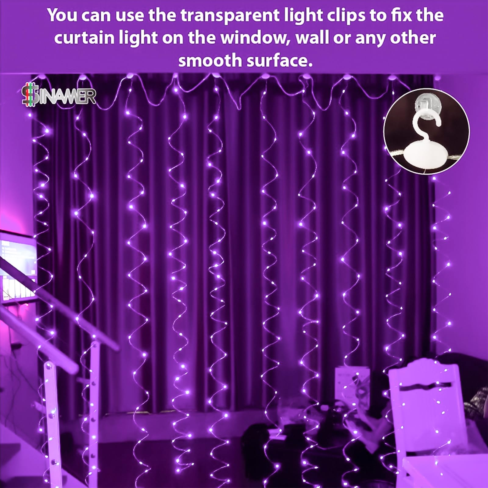 Sinamer Purple Curtain Light For Bedroom, 300 Led 9.8Ft X 9.8Ft Window Fairy Curtain String Light With 16 Hooks, 8 Models Remote Control For Wedding Party Home Garden Indoor Decorations