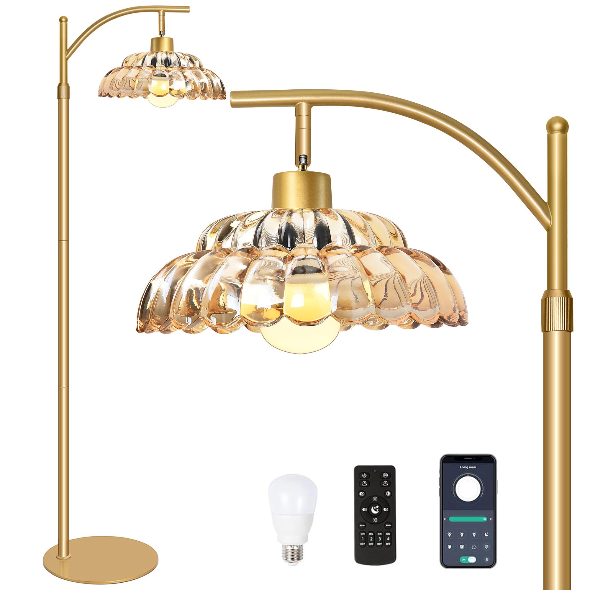 LVYE Floor Lamp with Amber Glass Shade, Dimmable Standing Lamp with Remote, Gold Floor Lamp for Living Room,Bedroom, Mid Century