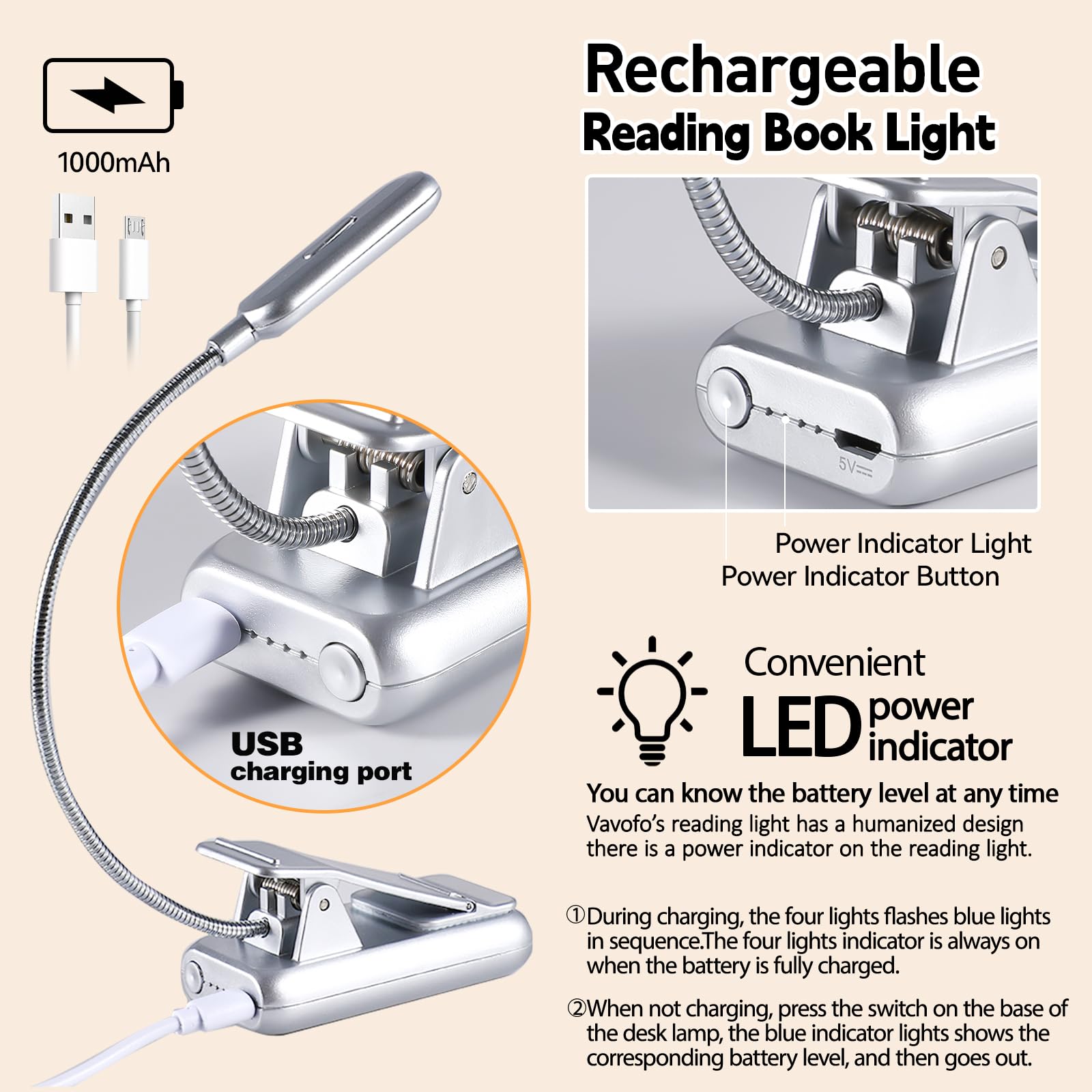 VAVOFO Rechargeable Book Light, 7 LED Eye Care Lamp, 9-Level Warm Cool White, Model KM-6720, Silver