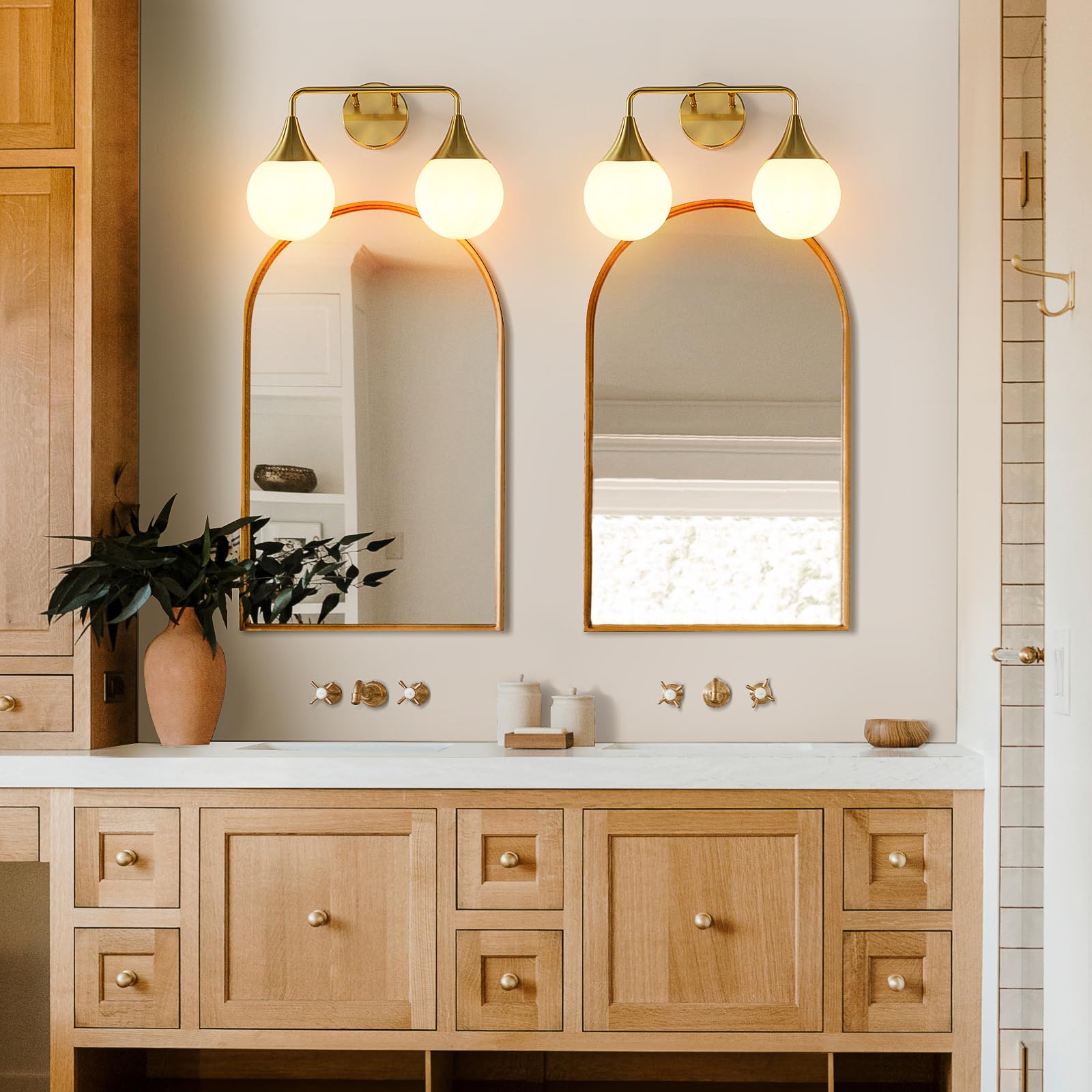 HAHZT 2-Light Bathroom Vanity Light Fixture - Brushed Gold Metal Sconce with Frosted Glass - Model 8089ML