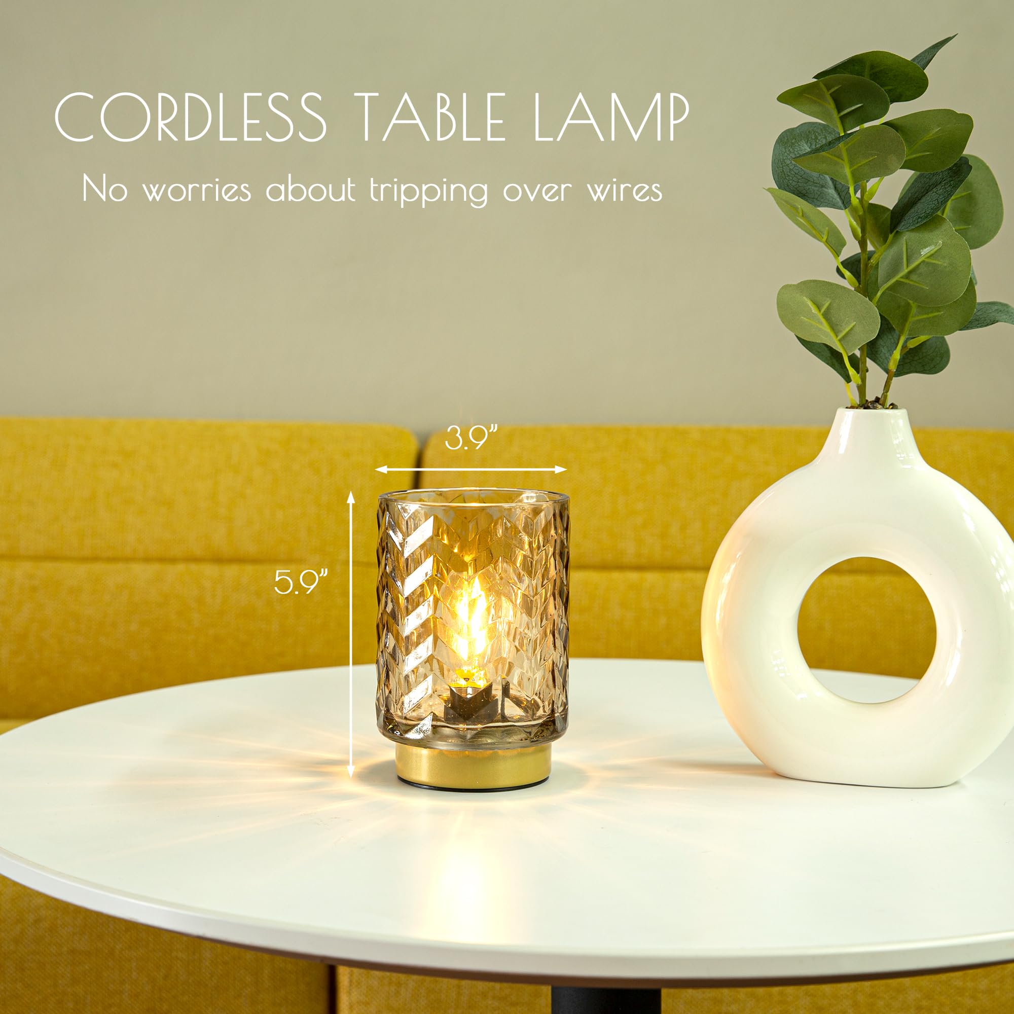 LUSHARBOR Battery Operated Table Lamp with LED Bulb, Glass, Wave-Amber, Model K230007B-AM