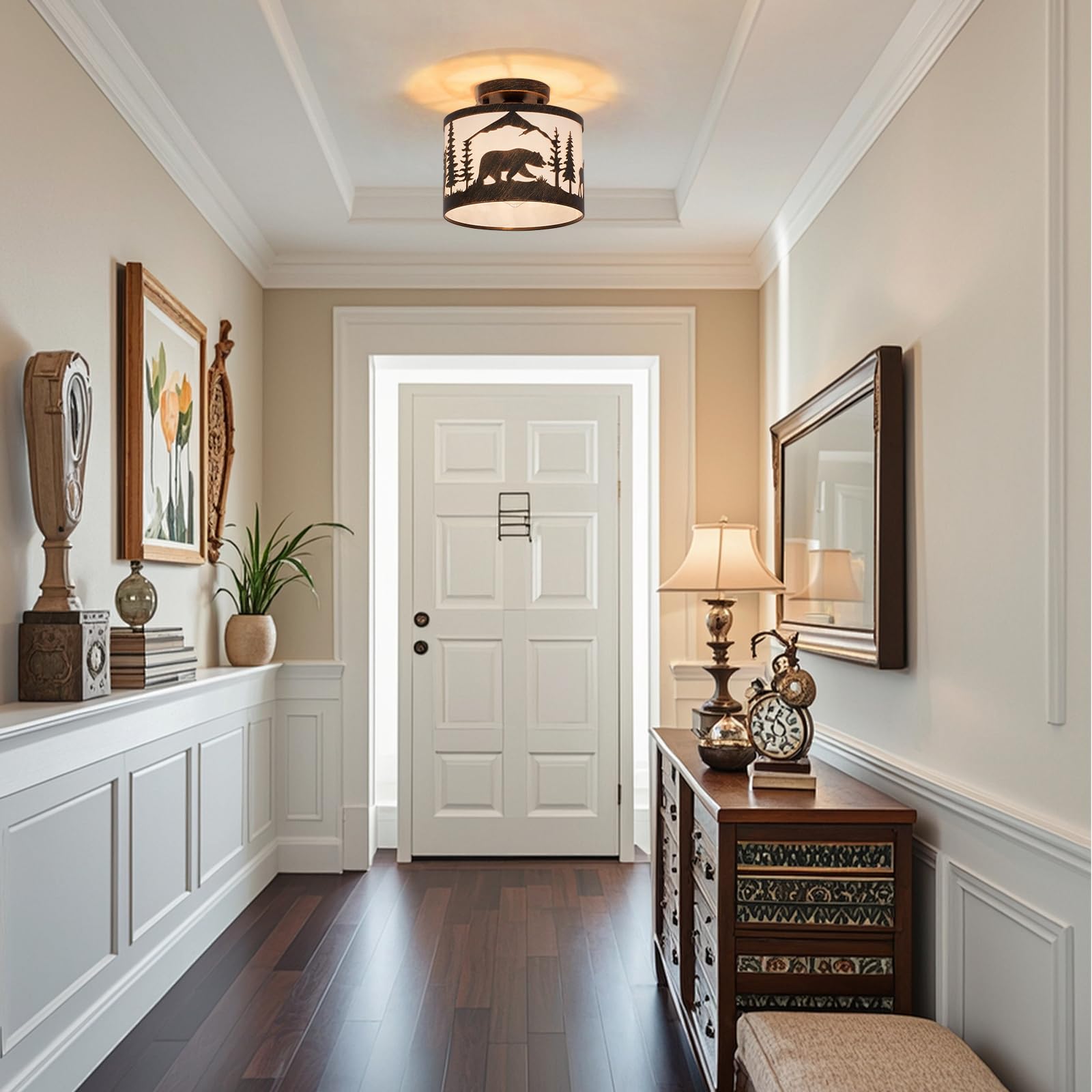 Monaxon Rustic Semi Flush Mount Ceiling Light, Black Metal, Wildlife Forest Theme, E26 Base, 9.1in Round, With Shade