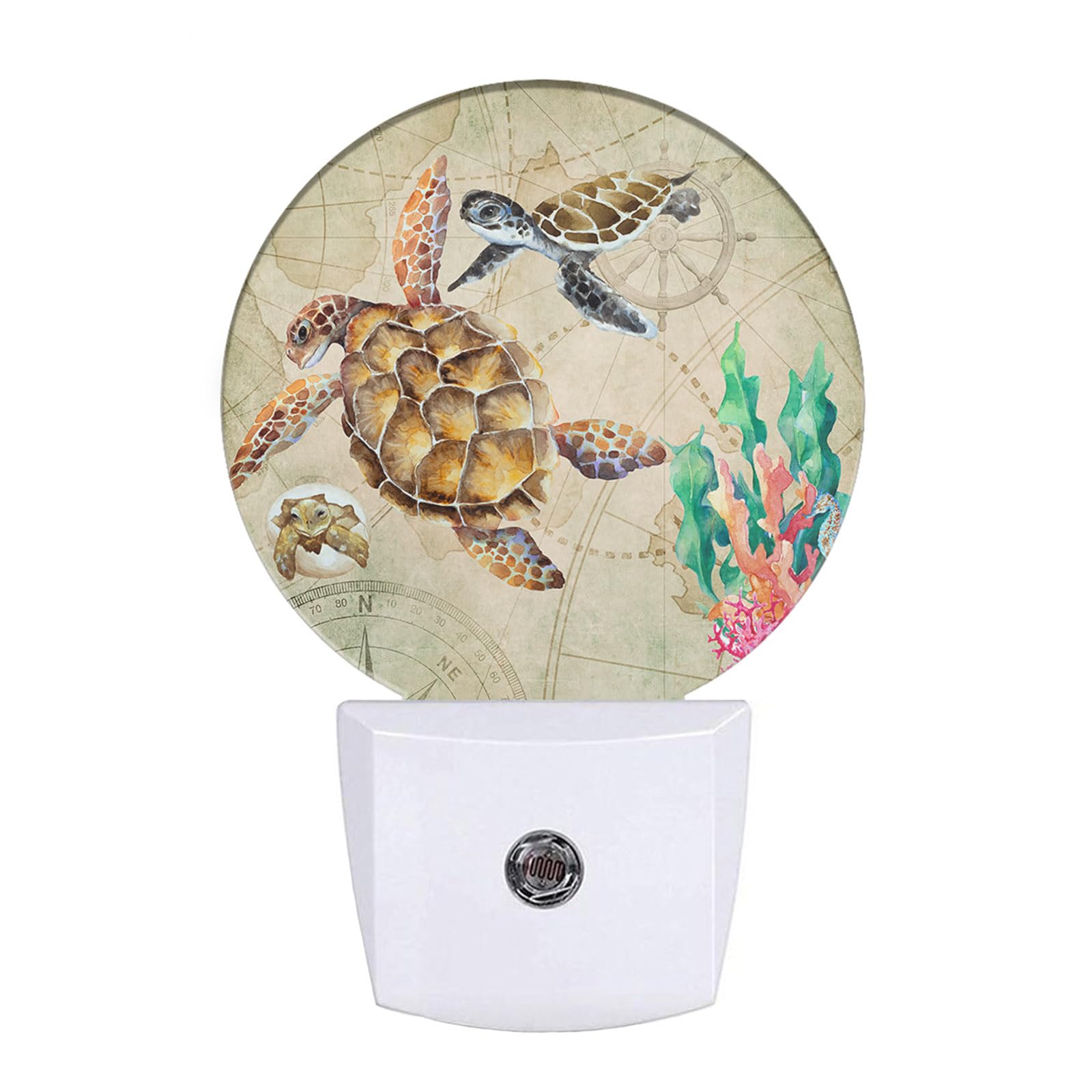 EKOBLA Nautical Coastal Night Light Sea Turtle Ocean Map Seaweed Coral Starfish Plug in Night Lights Auto LED Lamp Energy Saving