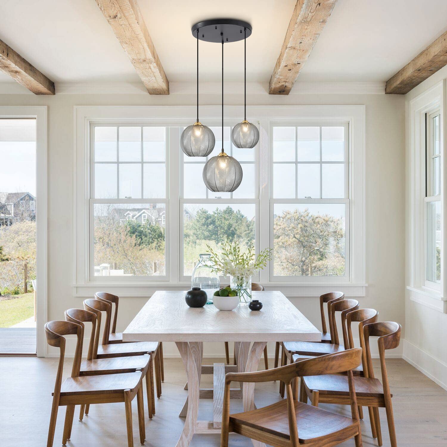 KCO Lighting 3-Light Pendant Light Smoke Gray Glass Black Metal Mid-Century Modern Chandelier Model L1135