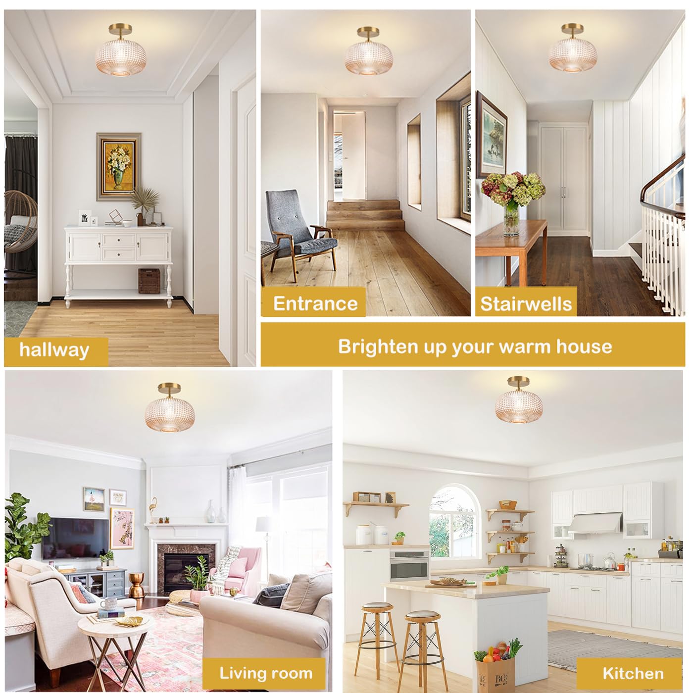 Jolydoly Semi Flush Mount Ceiling Light Vintage Small Ceiling Light Fixture Hallway Lighting Fixture With Amber Glass Shade Art Deco Kitchen Lighting Fixtures Ceiling For Bedroom Bathroom Porch