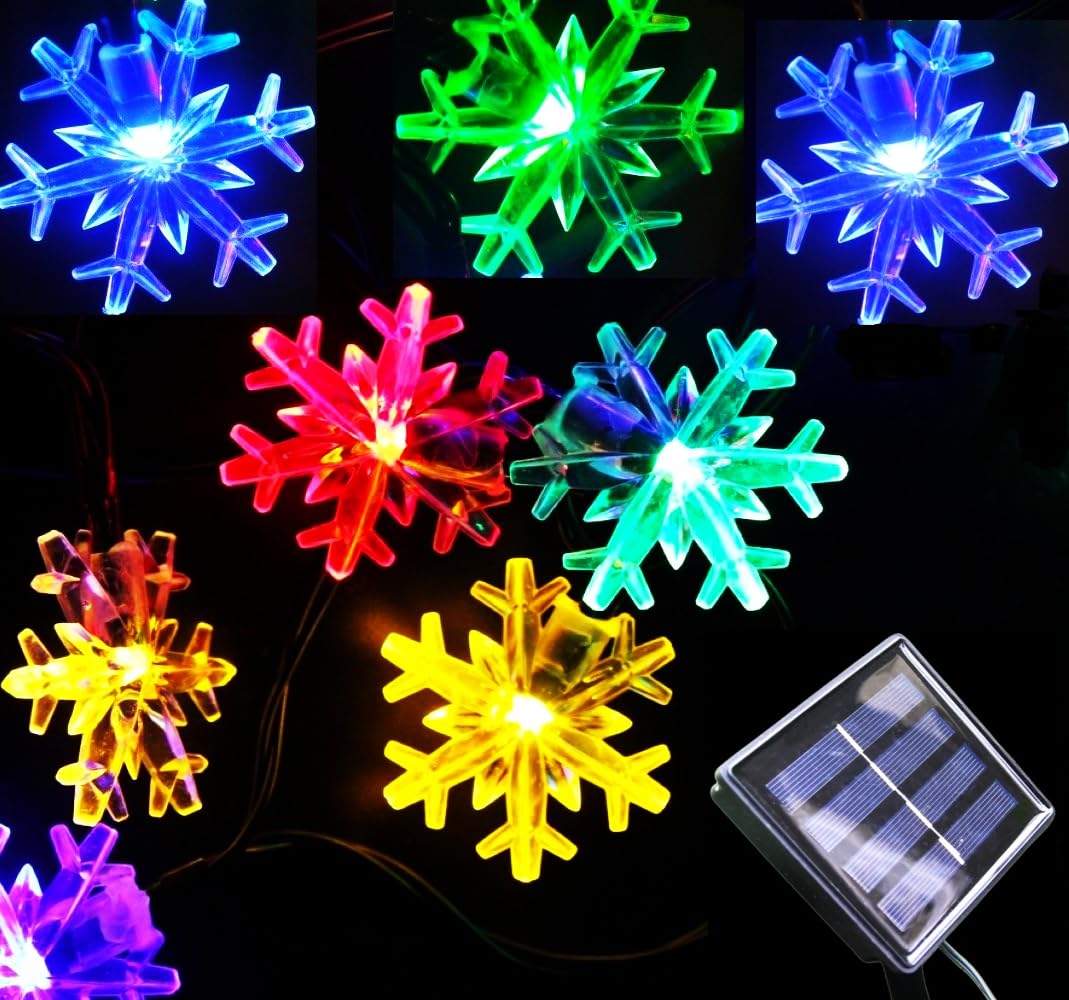 Inngree Solar Christmas String Lights Outdoor Waterproof 36ft 60 LED 8 Modes Solar Fairy Snowflake Powered String Lights for Garden Patio Yard Home Christmas Tree Parties(Snowflake-Multicolor-60LED)