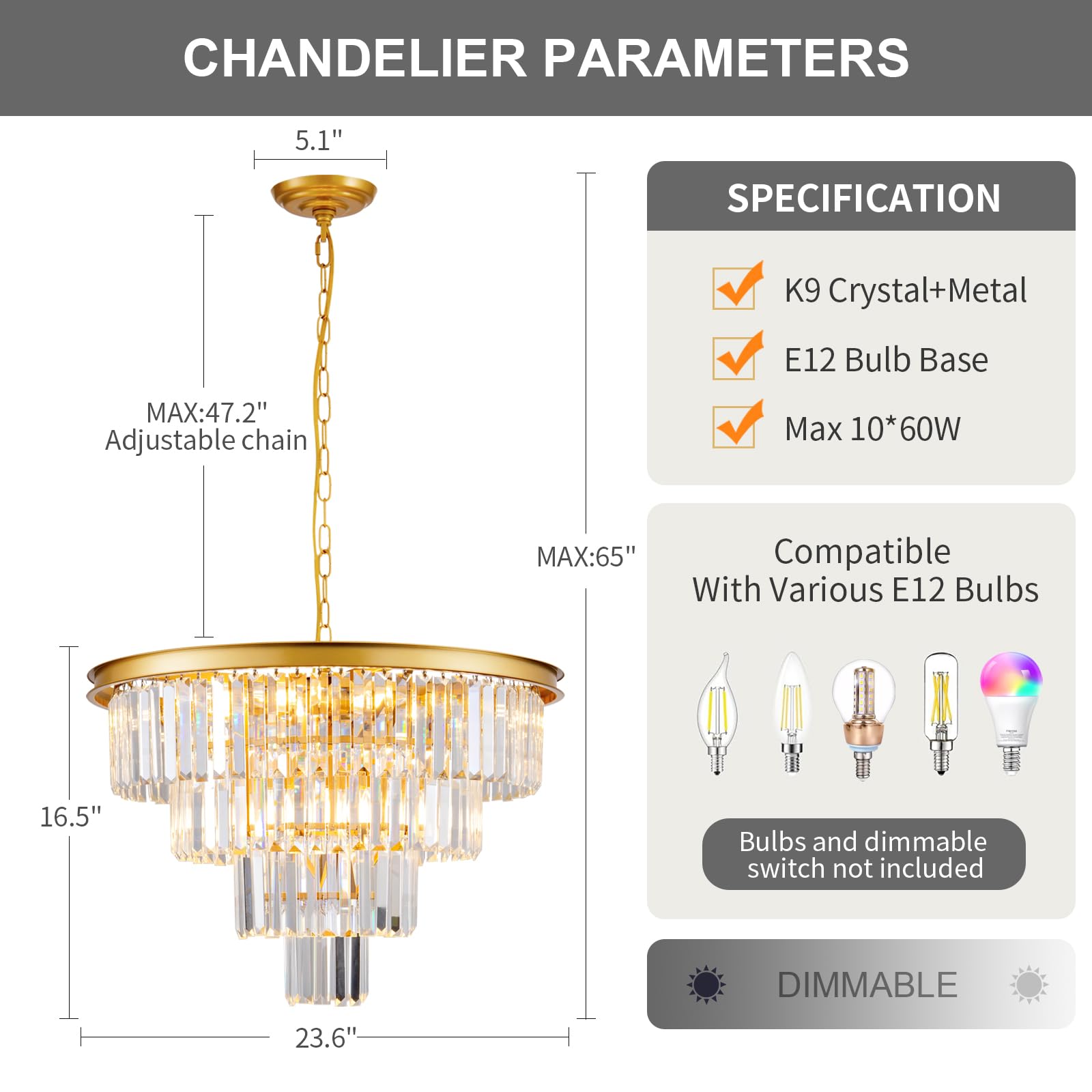 Hccz 10-Light Gold Crystal Chandelier, Round 4-Tier Pendant For Dining Room & Living Spaces