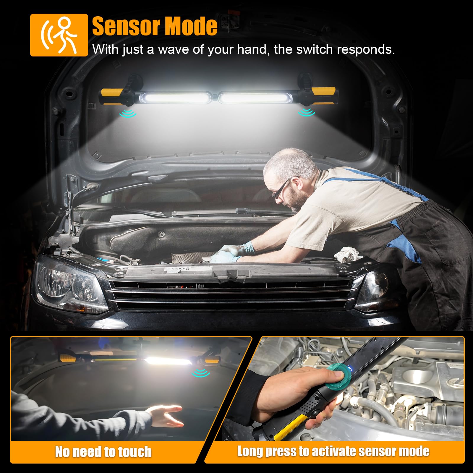 Sylstar Mechanic Work Light Bar With Sensor Control - 2400Lm Led, 4400Mah Rechargeable Underhood Work Light With Hooks & Magneti