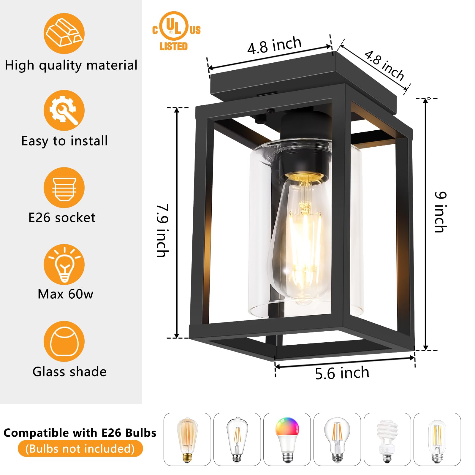 Baocuz Semi Flush Mount Ceiling Light Fixture, Black Metal Frame, Clear Glass Shade, E26 Base, Farmhouse Style, 1 Pack