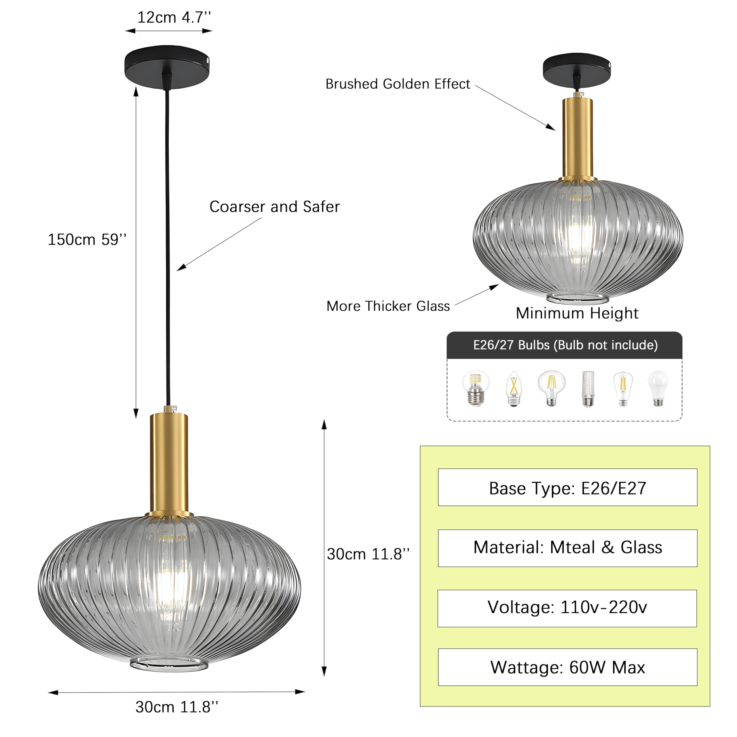 I-xun Modern Pendant Light Fixture, Striped Glass, Gold Socket, 11.81in , Gray, Model SG-L