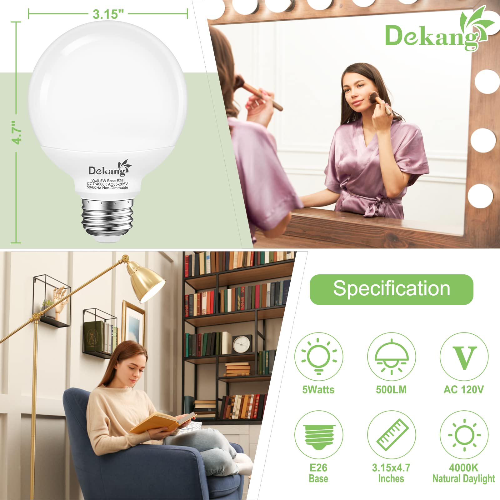 Dekang 8-Pack Led Vanity Light Bulbs For Bathroom 4000K Natural Daylight, E26 Base Globe 60W Incandescent Equivalent, 5W Round L