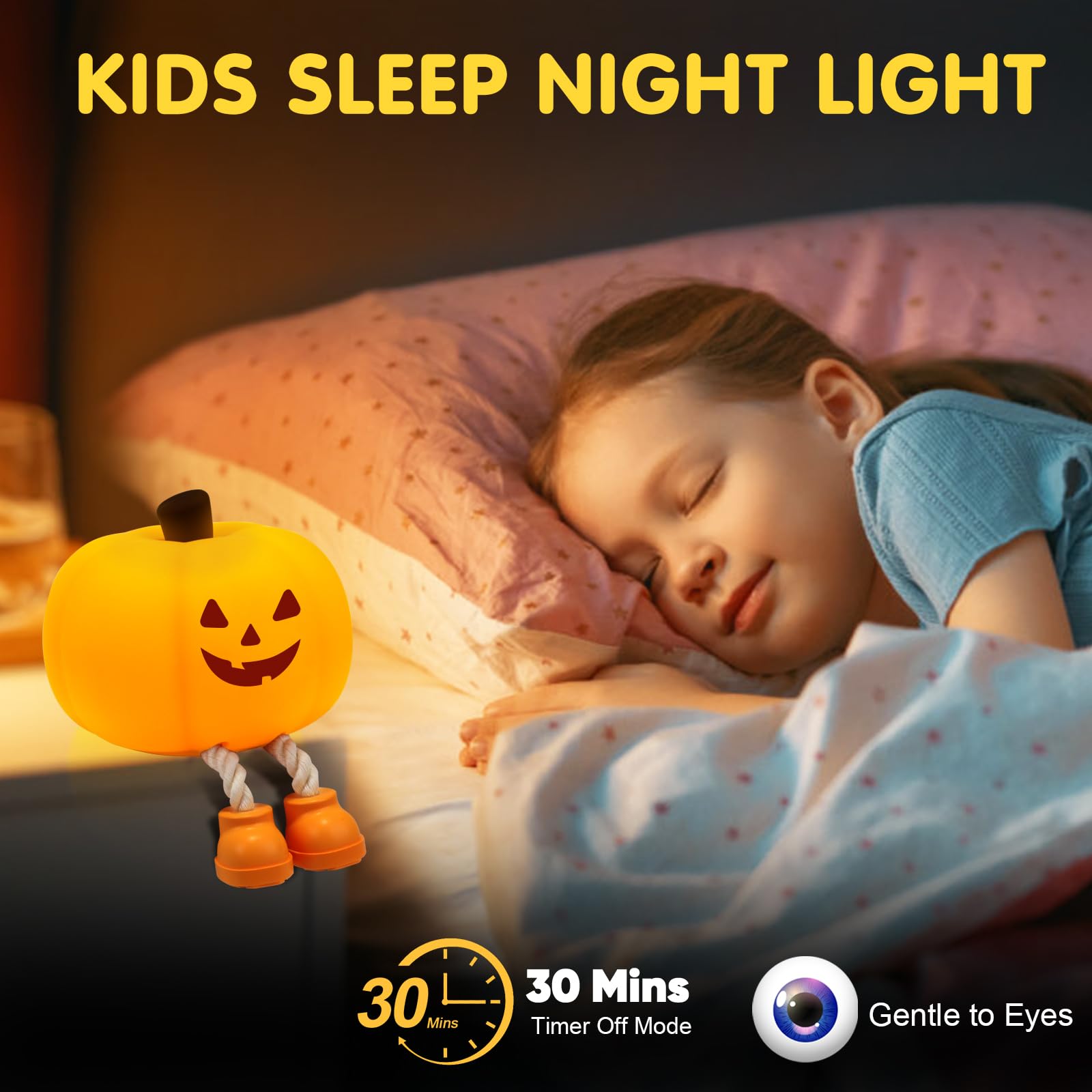 Gefaxi Pumpkin Night Light - Cute Jack O Lantern Decor, Cordless & Rechargeable, Small, Yellow, Model NGB-SU-170