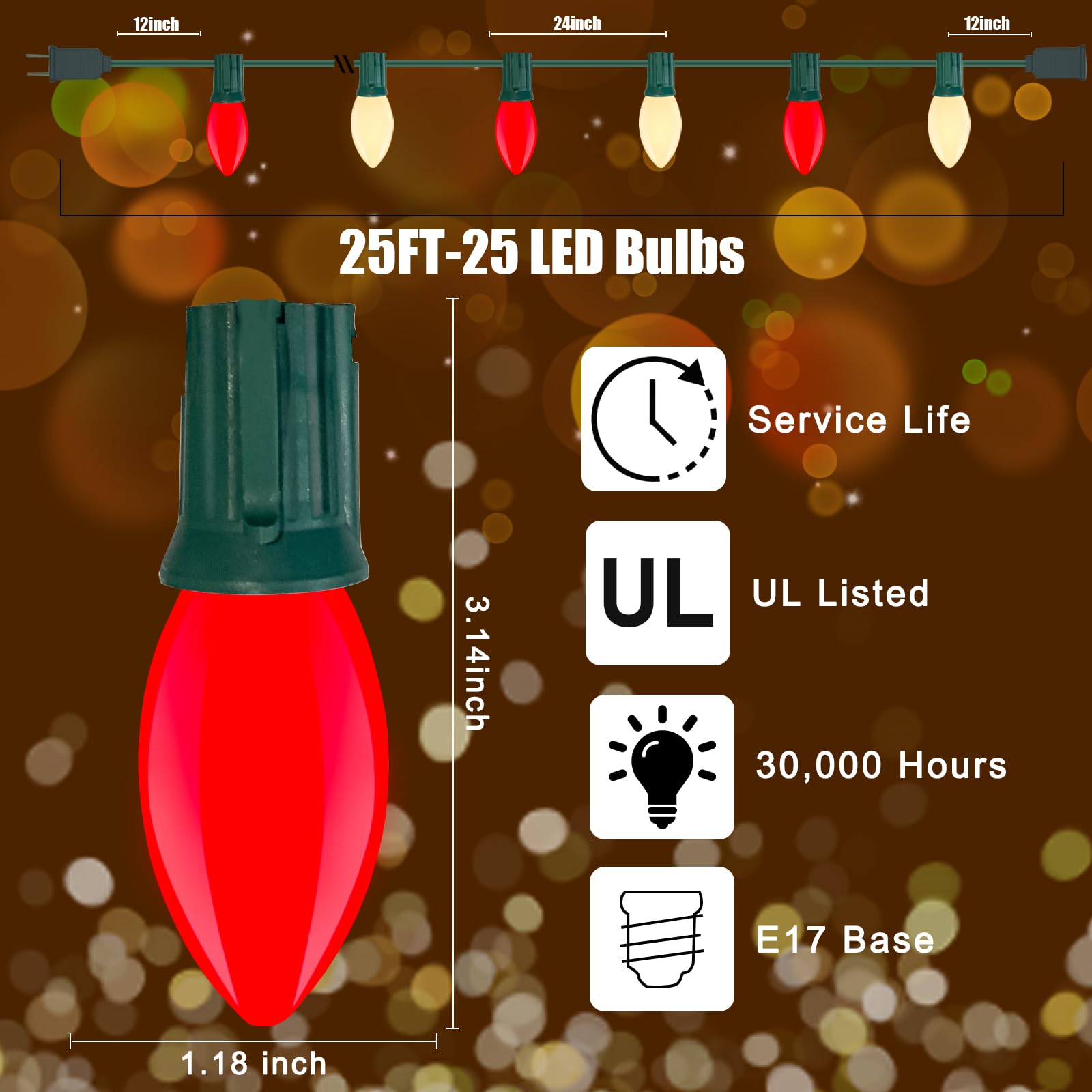 Red and White LED Christmas Lights,25FT Vintage C9 Red White Christmas Lights Outdoor with 26 LED Bulbs,Commercial Extendable Ch