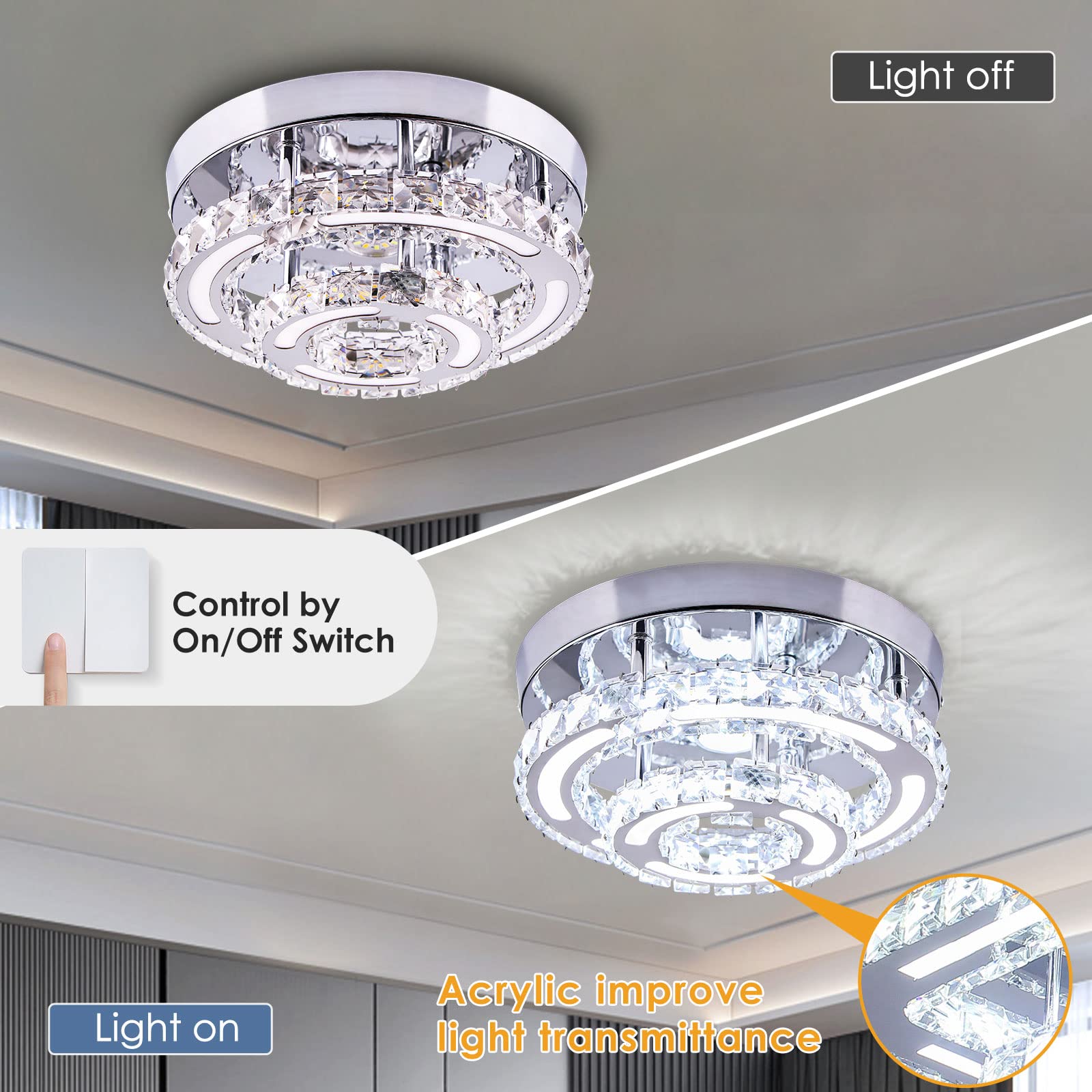 CXGLEAMING Modern Crystal Chandelier LED Flush Mount Ceiling Light Fixture 11.4 Round Small Crystal Ceiling Lights for Bedroom K