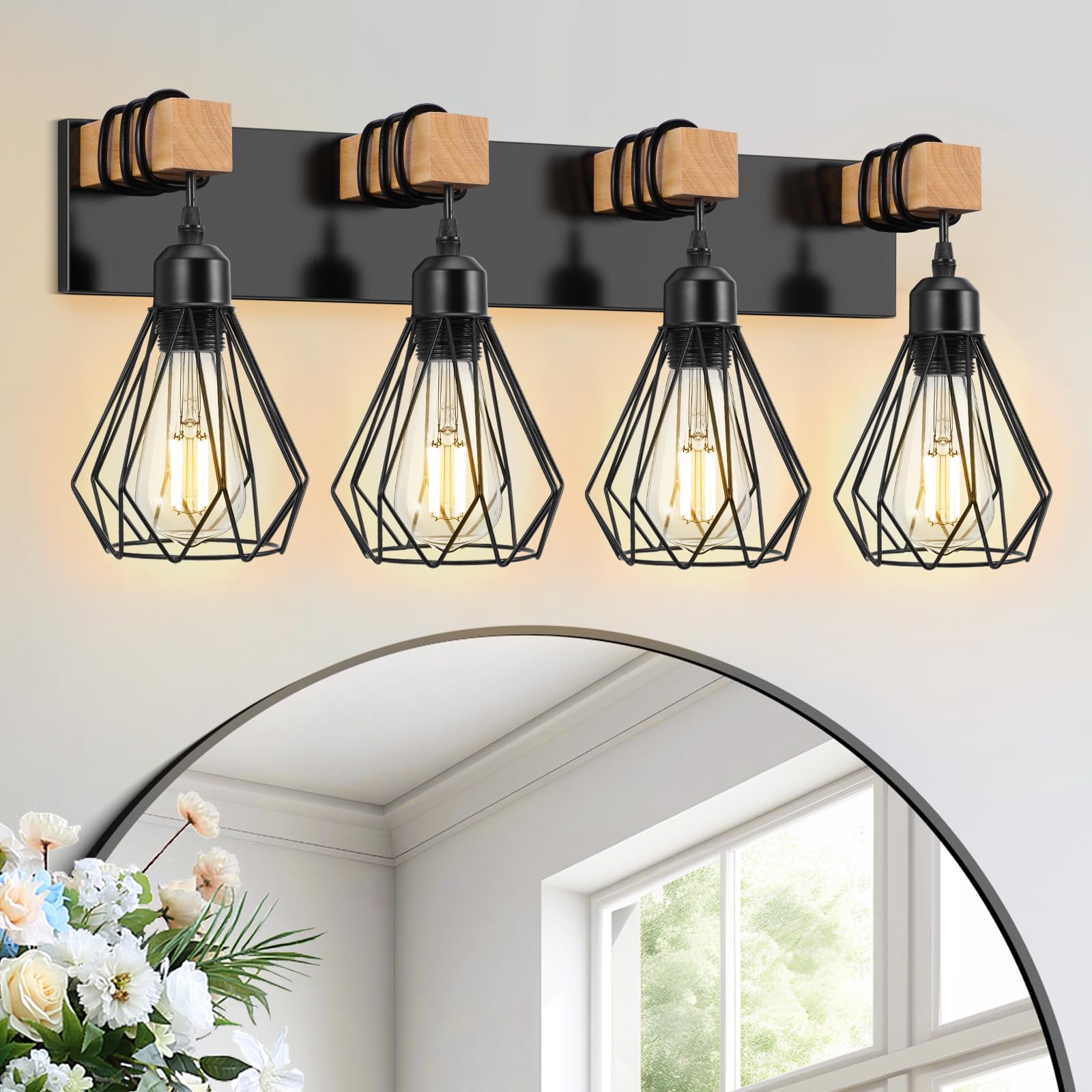 Farmhouse Bathroom Vanity Light Fixtures, 4-Light Wood Bathroom Light Fixtures Over Mirror, Black Rustic Sconces Wall Lighting W