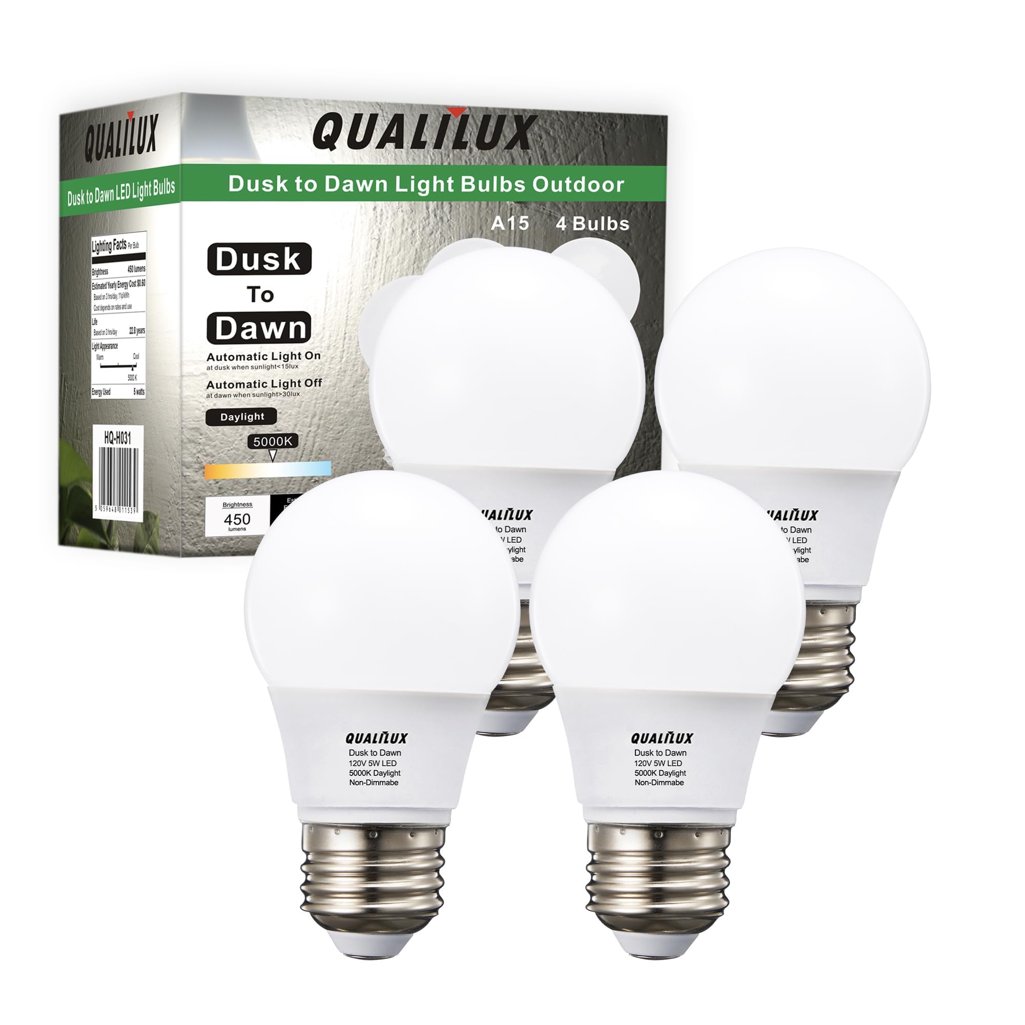 Qualilux A15 Small Dusk To Dawn Light Bulbs Outdoor 450Lm, Daylight, 5W=40W, Auto On/Off Non-Dimmable Replacement Led Bulb For S