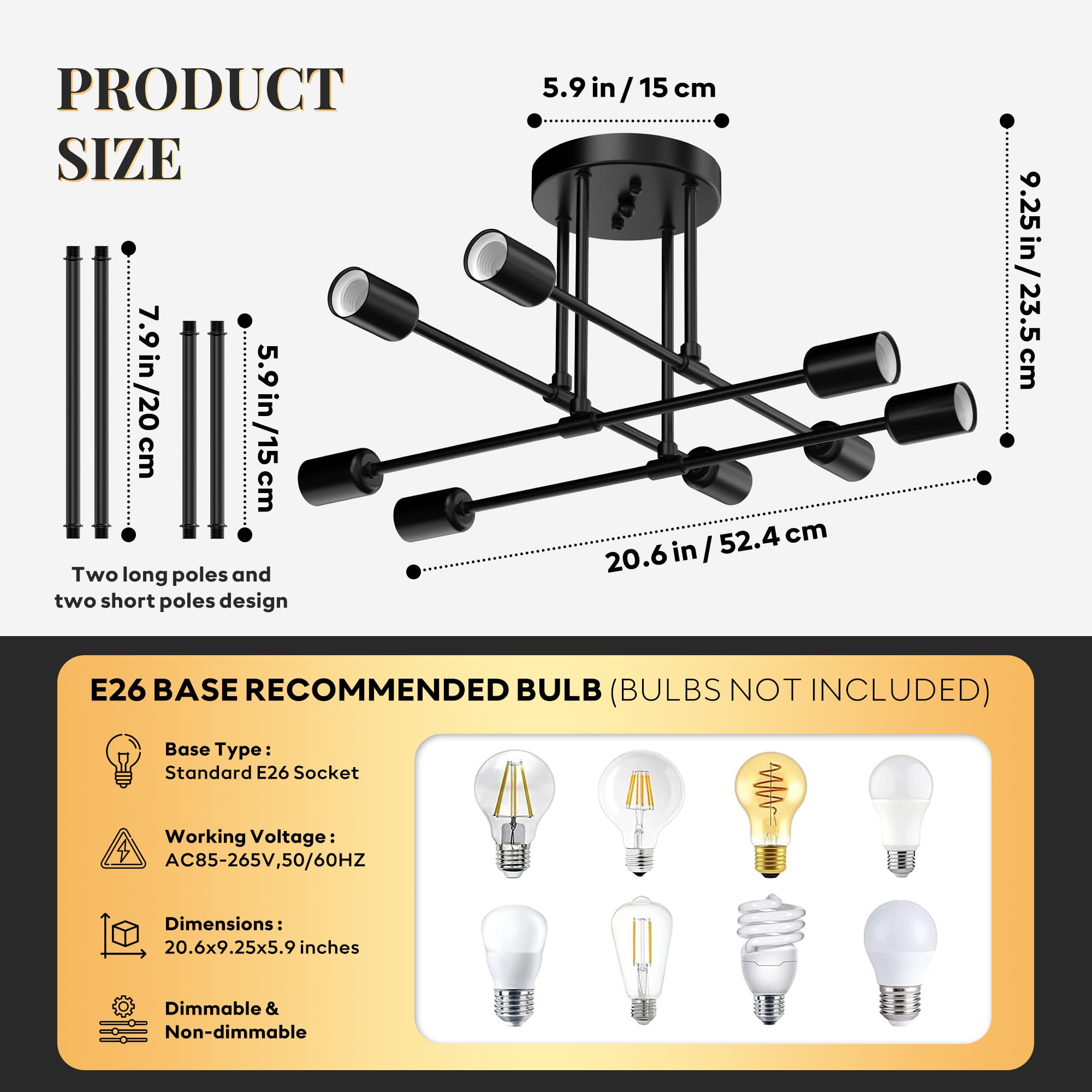 Phaosio Modern Sputnik Chandelier Ceiling Light Fixtures, 8-Lights Mid Century Industrial Metal Semi Flush Mount For Dining Room