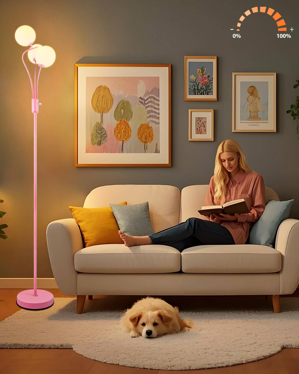 Lightdot Pink Floor Lamp For Girls Room Stepless Dimmable Globe Standing Lamp With 3Pcs 3000K G9 Bulbs Modern Design & Stable Ba