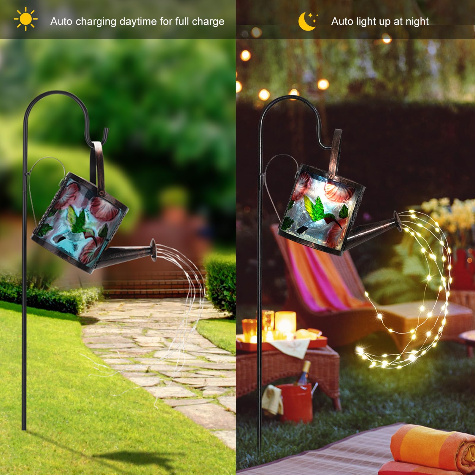 Solar Outdoor Landscape Lights-Waterproof 3D Hummingbird Watering Can Stake Lights With Warm Led For Garden Patio Decoration (Hu