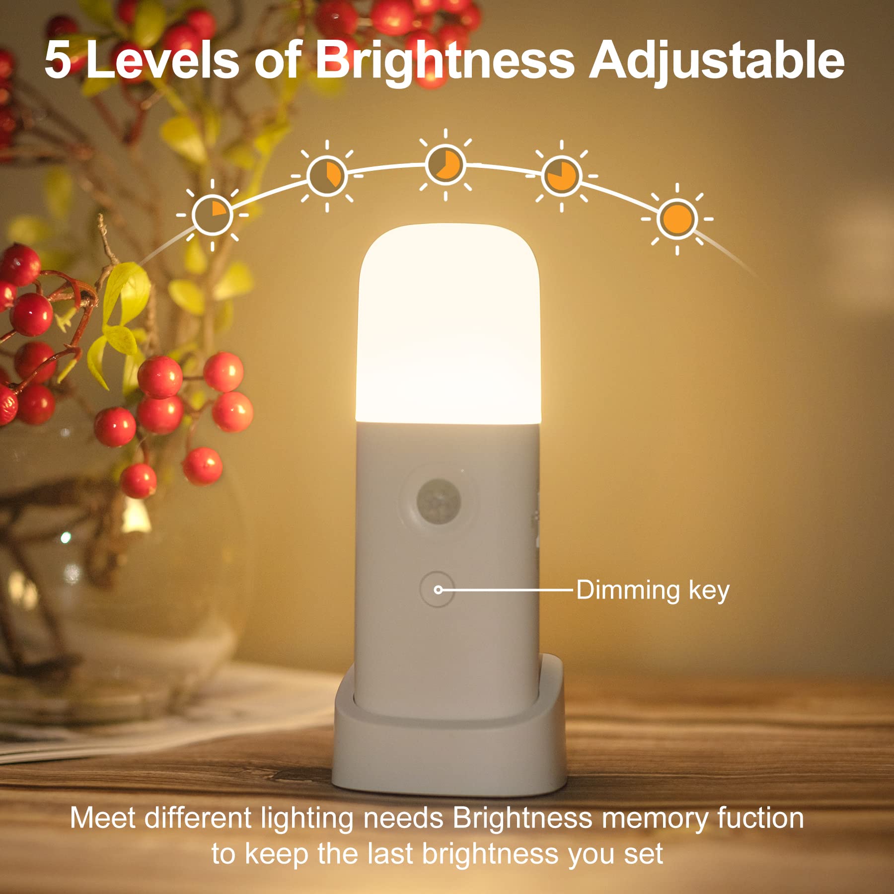Yelko Motion Sensor Night Light, 2000Mah Rechargeable Night Lights Battery Powered, Portable Dimmable Nightlights With 5 Brightn