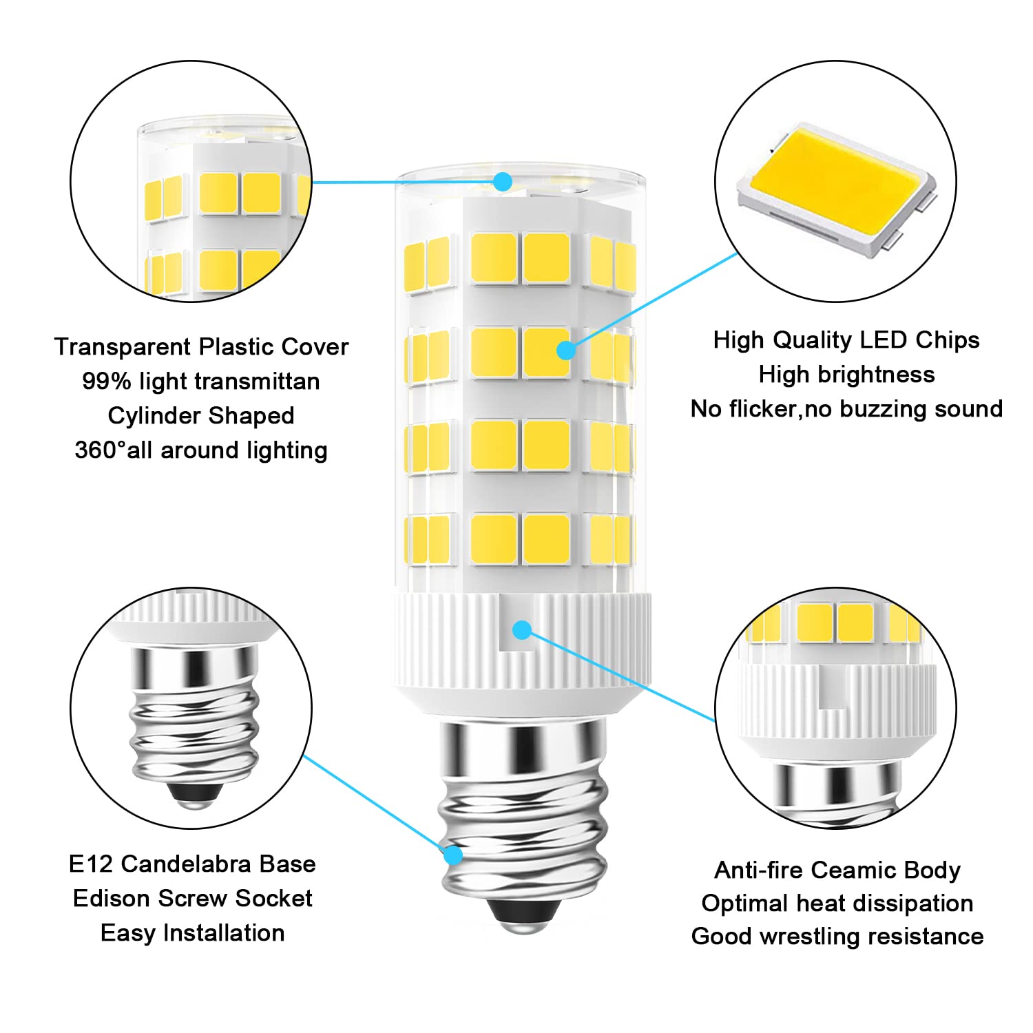 Lacnooe E12 Led Light Bulbs 5W Equivalent To E12 Candelabra Bulb 40 Watt Clear Type B Warm White 2700K T6 120V Small Bright C7 L