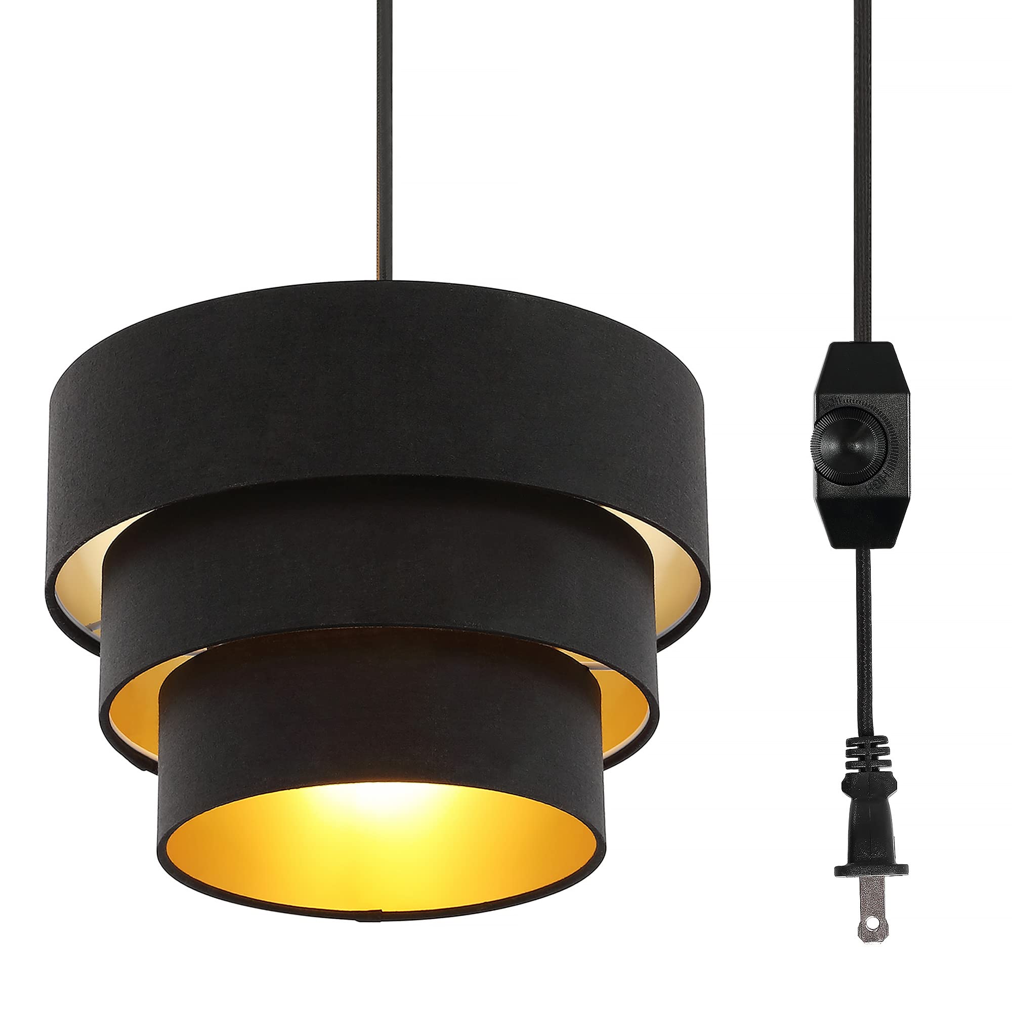 Mateyrie Plug In Pendant Light, Hanging Lamp With Dimmable Switch, Drum Pendant Light Fixtures With 15 Ft Cord, Swag Light With Black Fabric Shade For Bedroom, Kitchen, Living Room