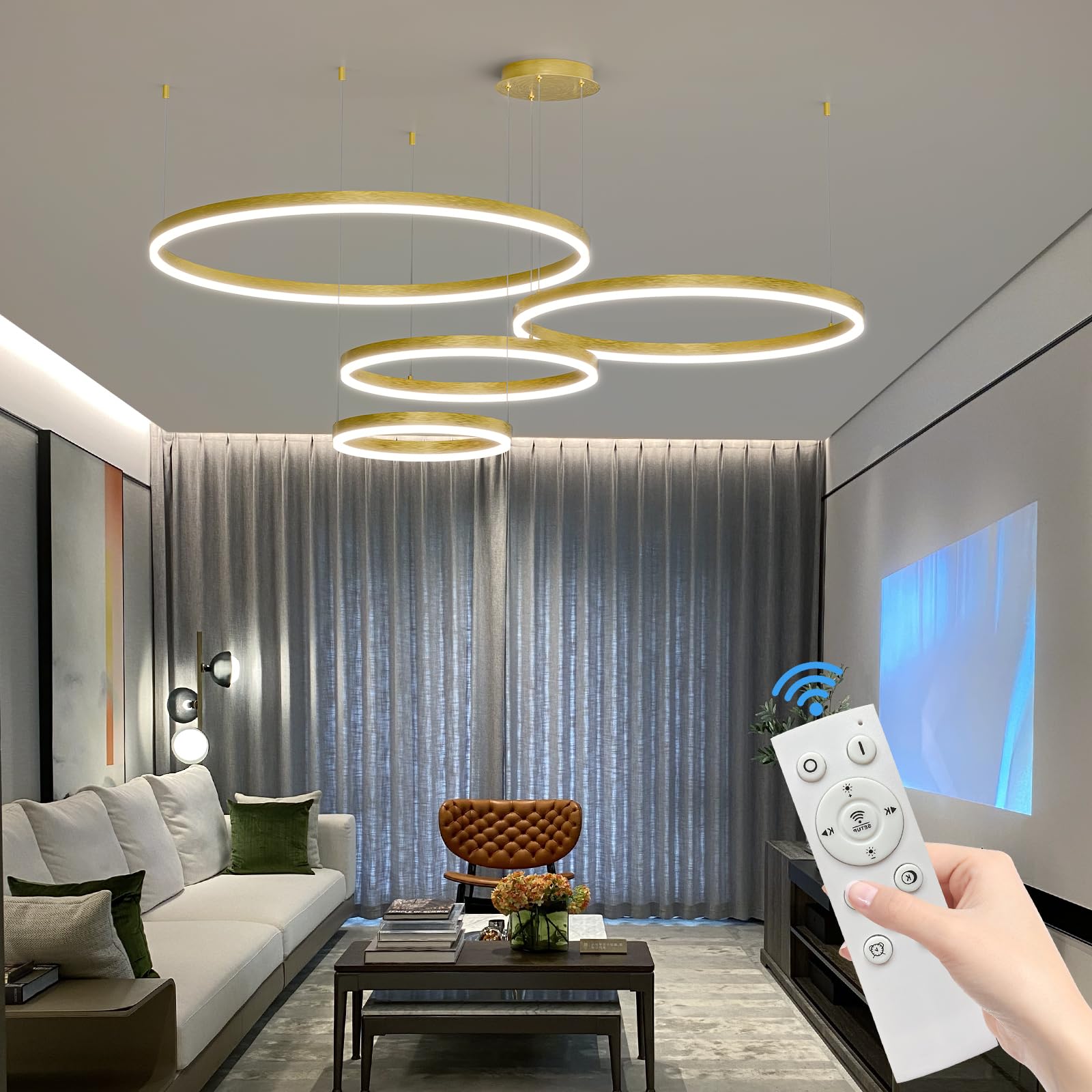 Mikeru Modern LED Chandelier Light with Remote Control, 3000K-6500K Adjustable, 4 Rings, B-Black, 15.7+23.6+31.